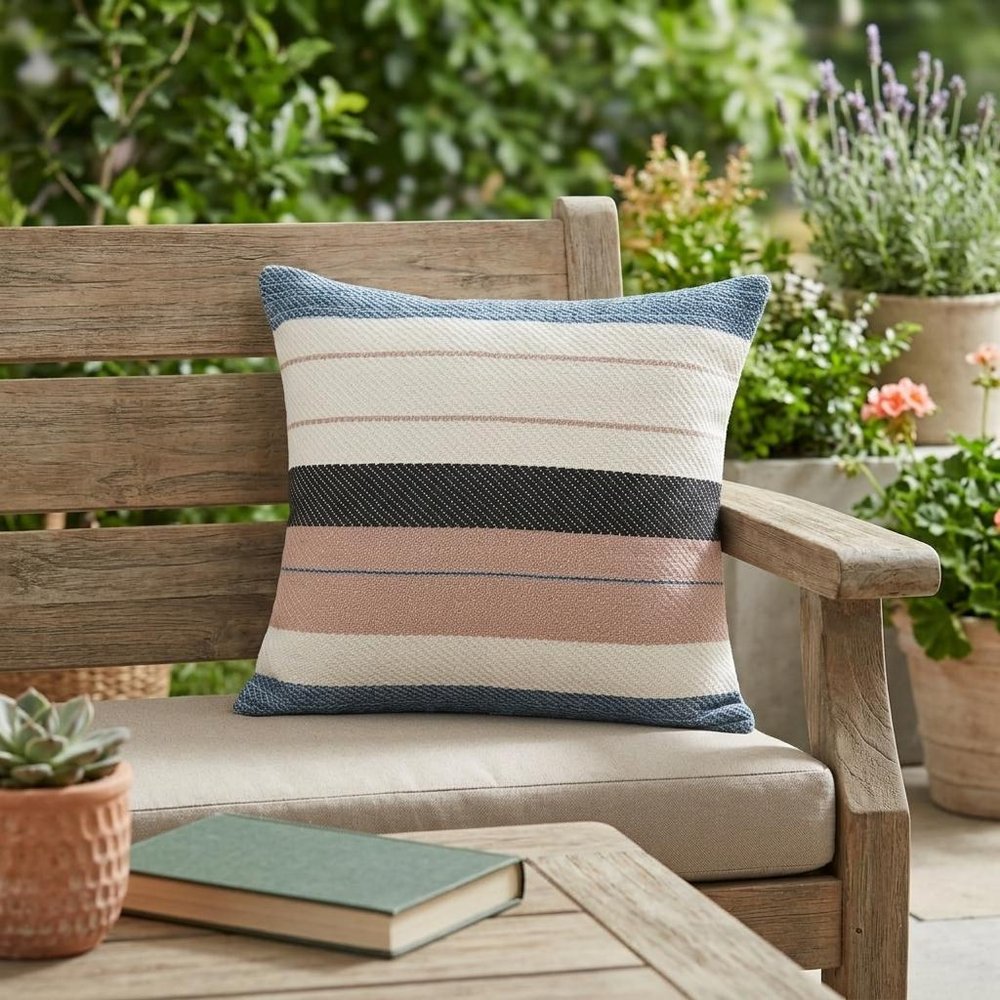 24" X 24" White Zippered Striped Indoor Outdoor Throw Pillow