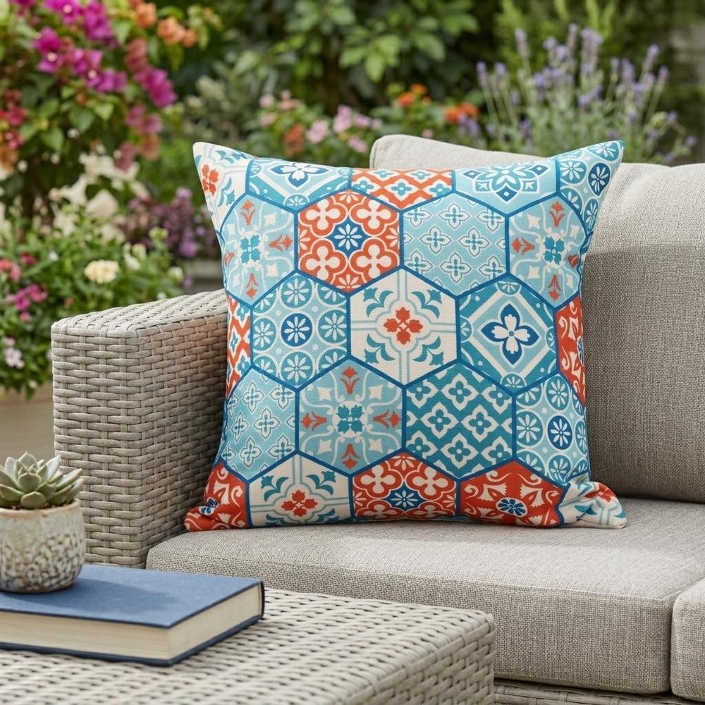 20" X 20" Blue Zippered Patchwork Indoor Outdoor Throw Pillow