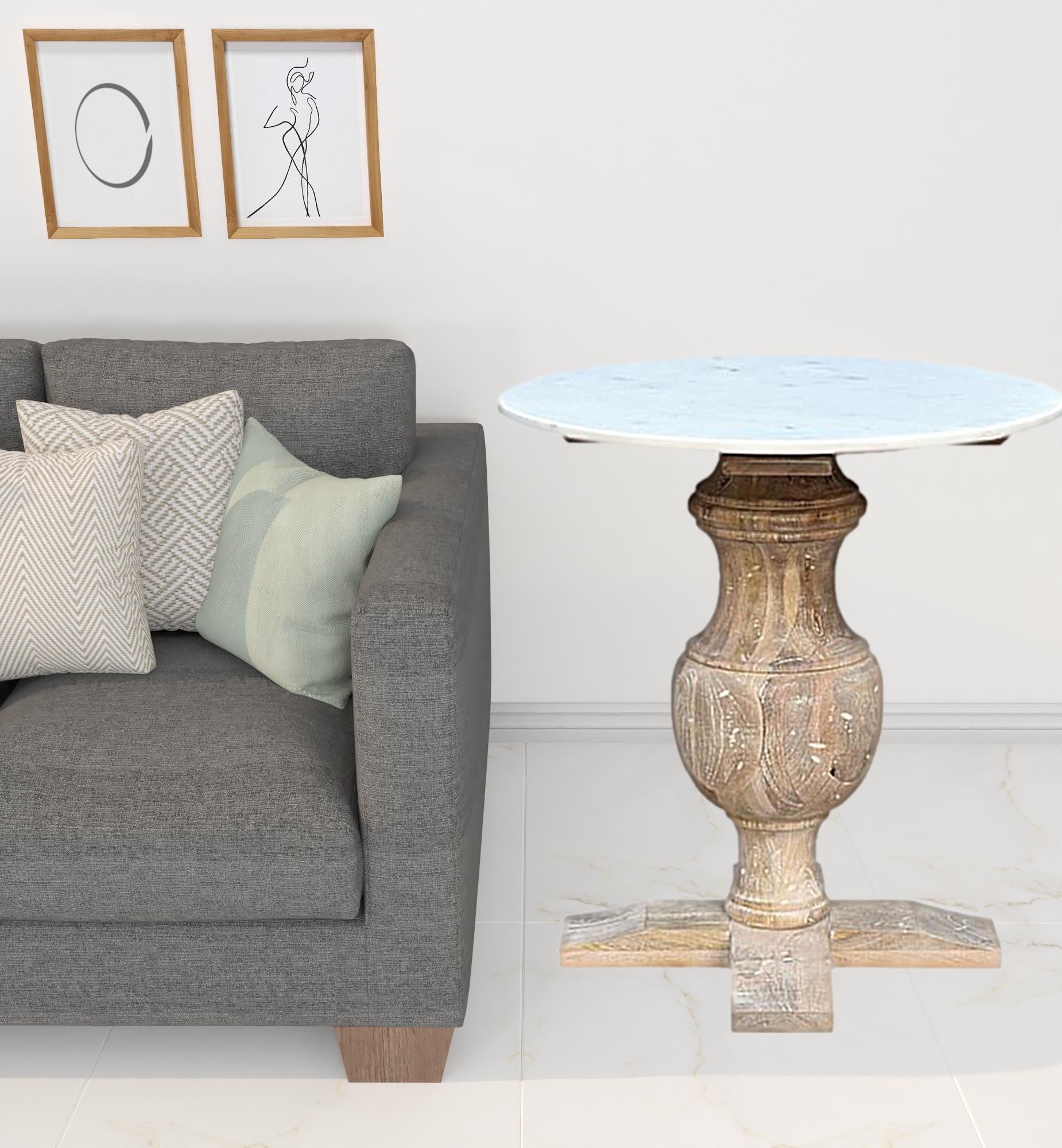 26" Brown Marble And Solid Wood Round End Table