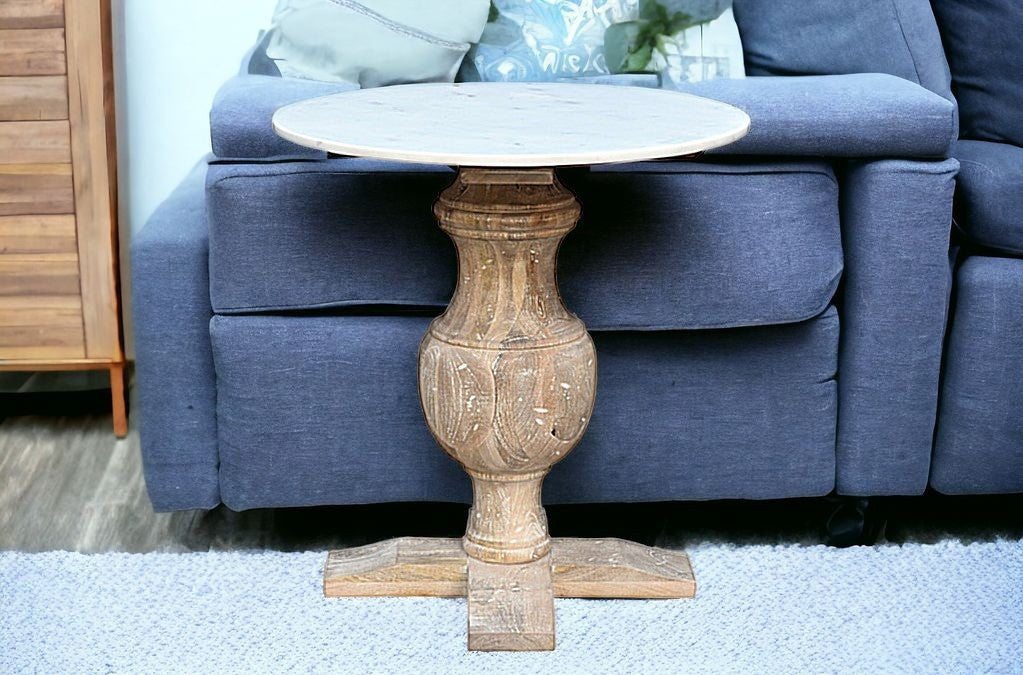 26" Brown Marble And Solid Wood Round End Table