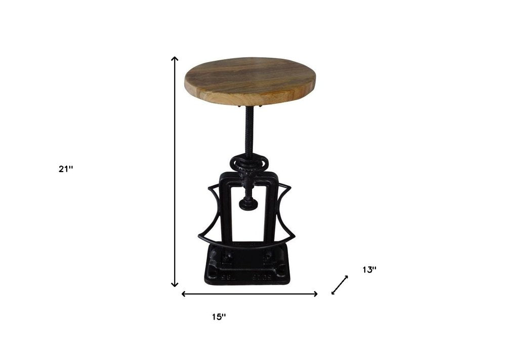 Natural and Black Solid Wood and Iron Backless Adjustable Height Bar Chair