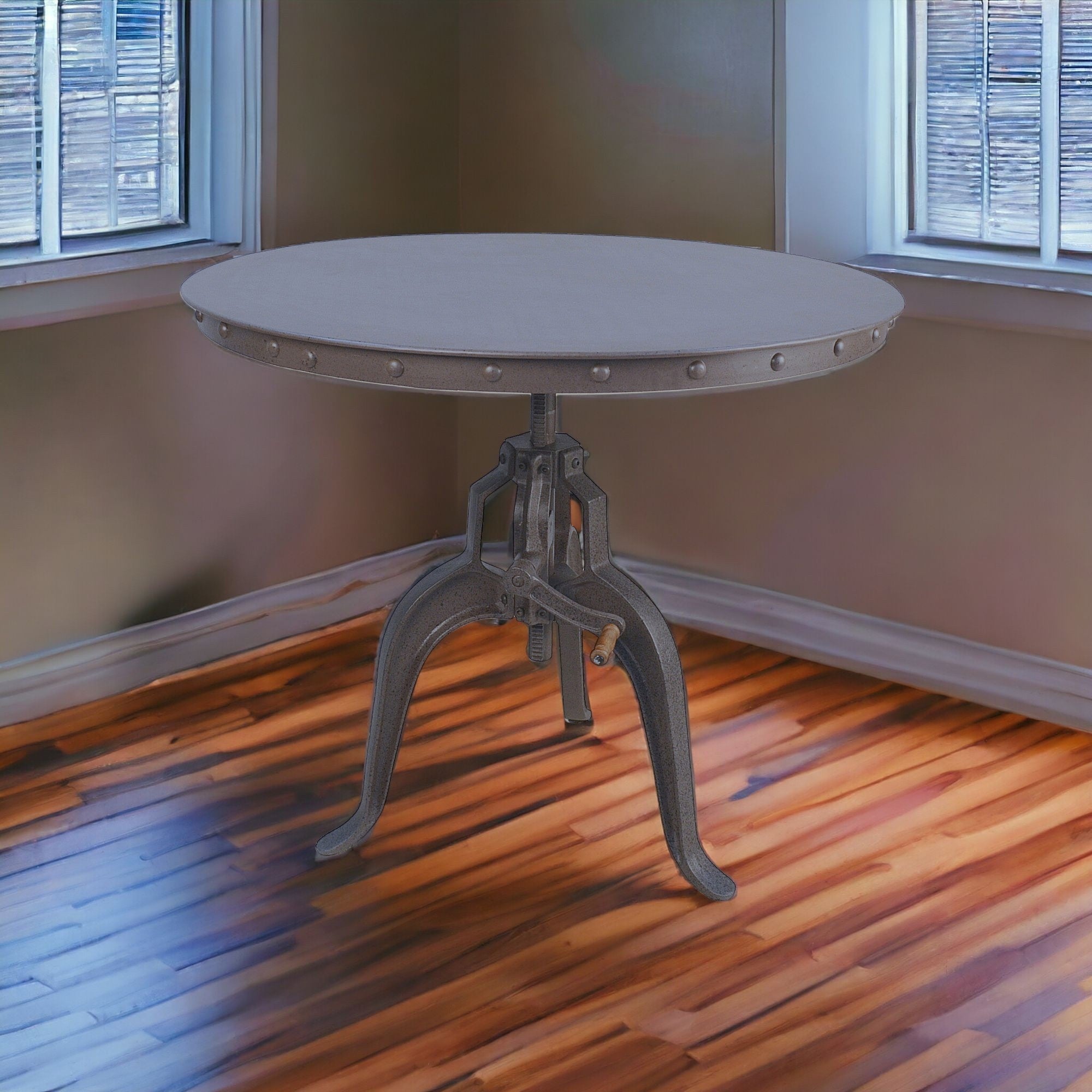 36" Industrial Gray Adjustable Crank Round Top Dining Table.