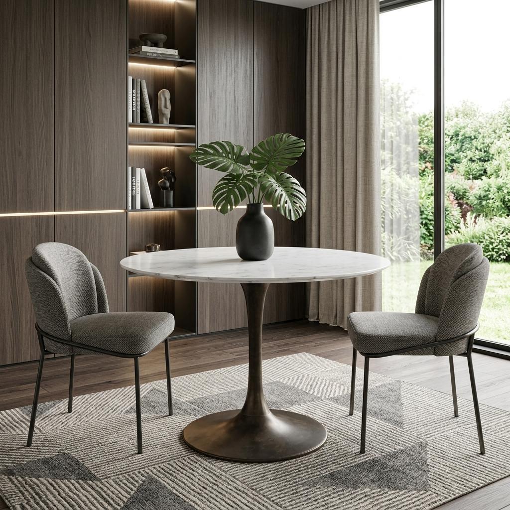 30" White And Black Rounded Marble And Iron Pedestal Base Dining Table