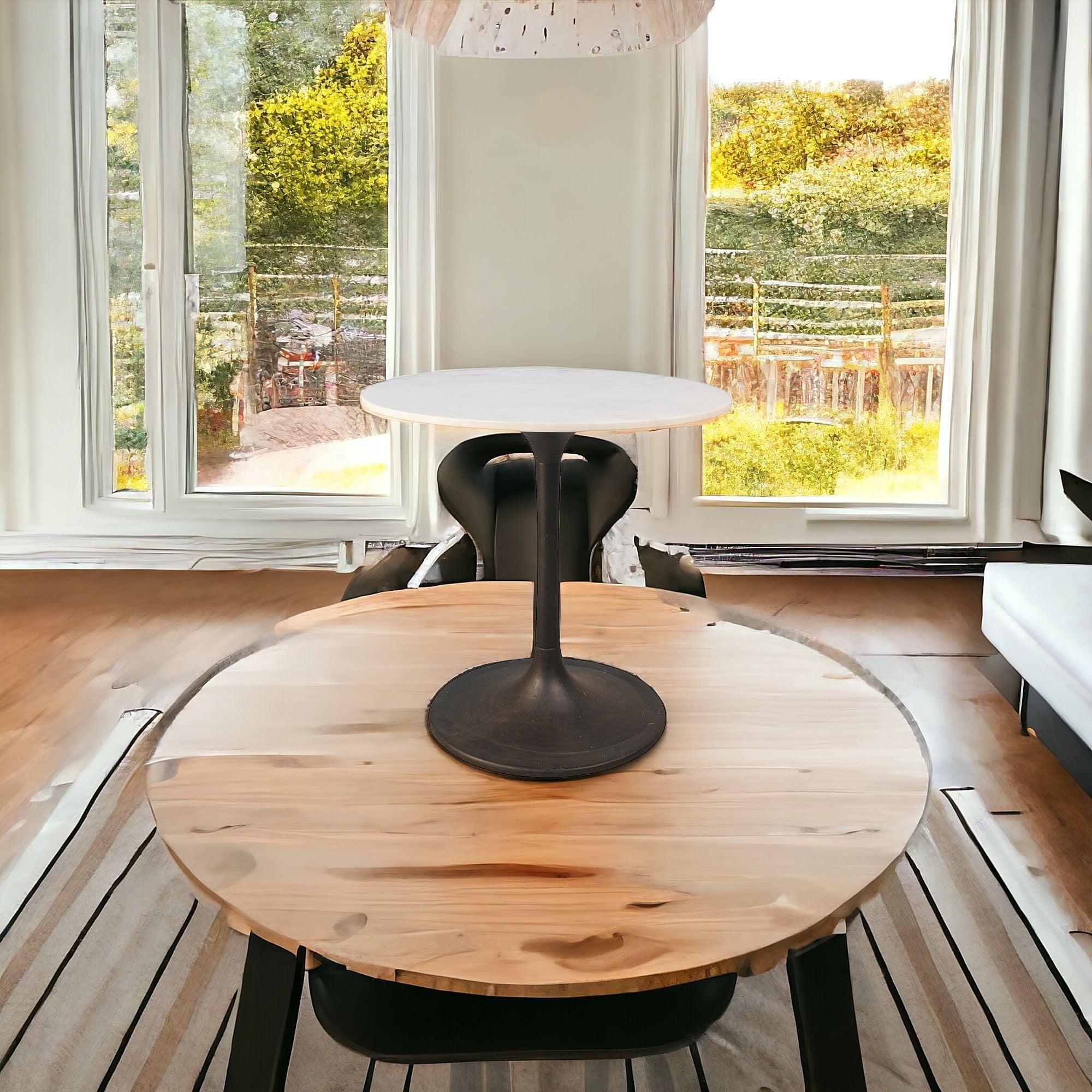 30" White And Black Rounded Marble And Iron Pedestal Base Dining Table