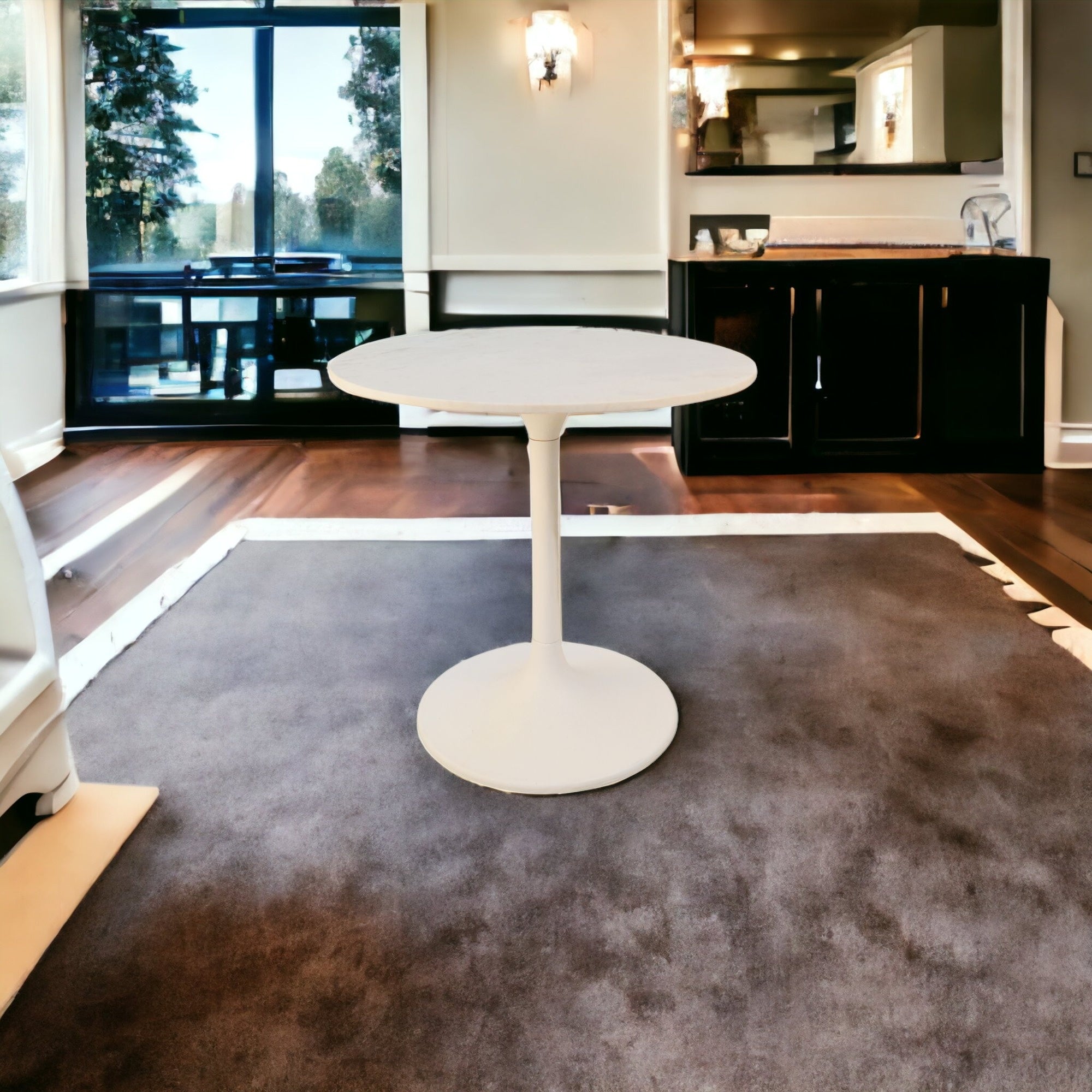 30" White Rounded Marble And Iron Pedestal Base Dining Table