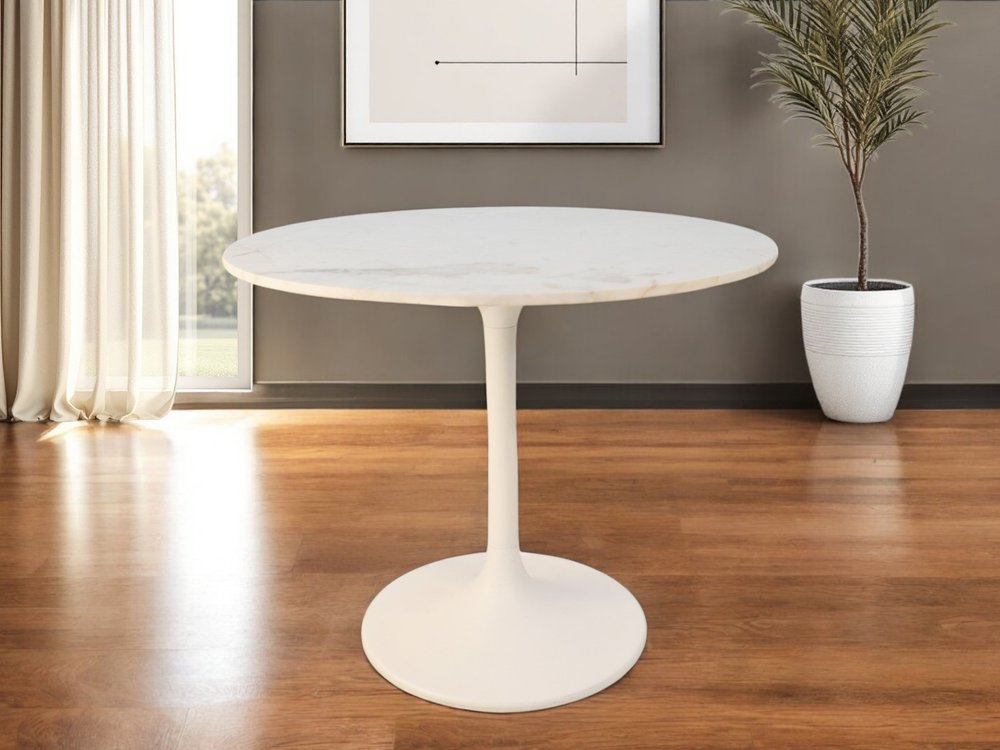 36" White Rounded Marble And Iron Pedestal Base Dining Table