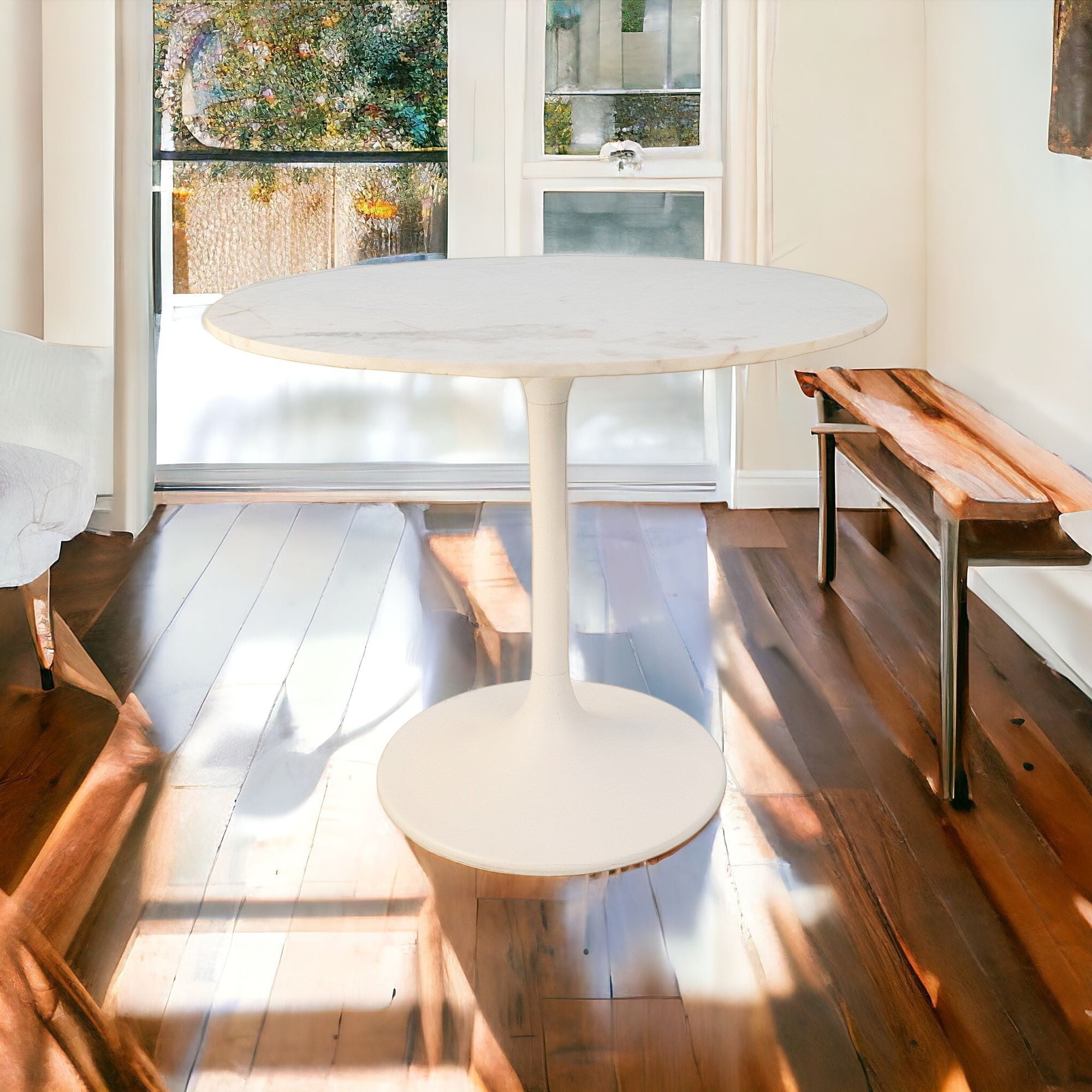 36" White Rounded Marble And Iron Pedestal Base Dining Table