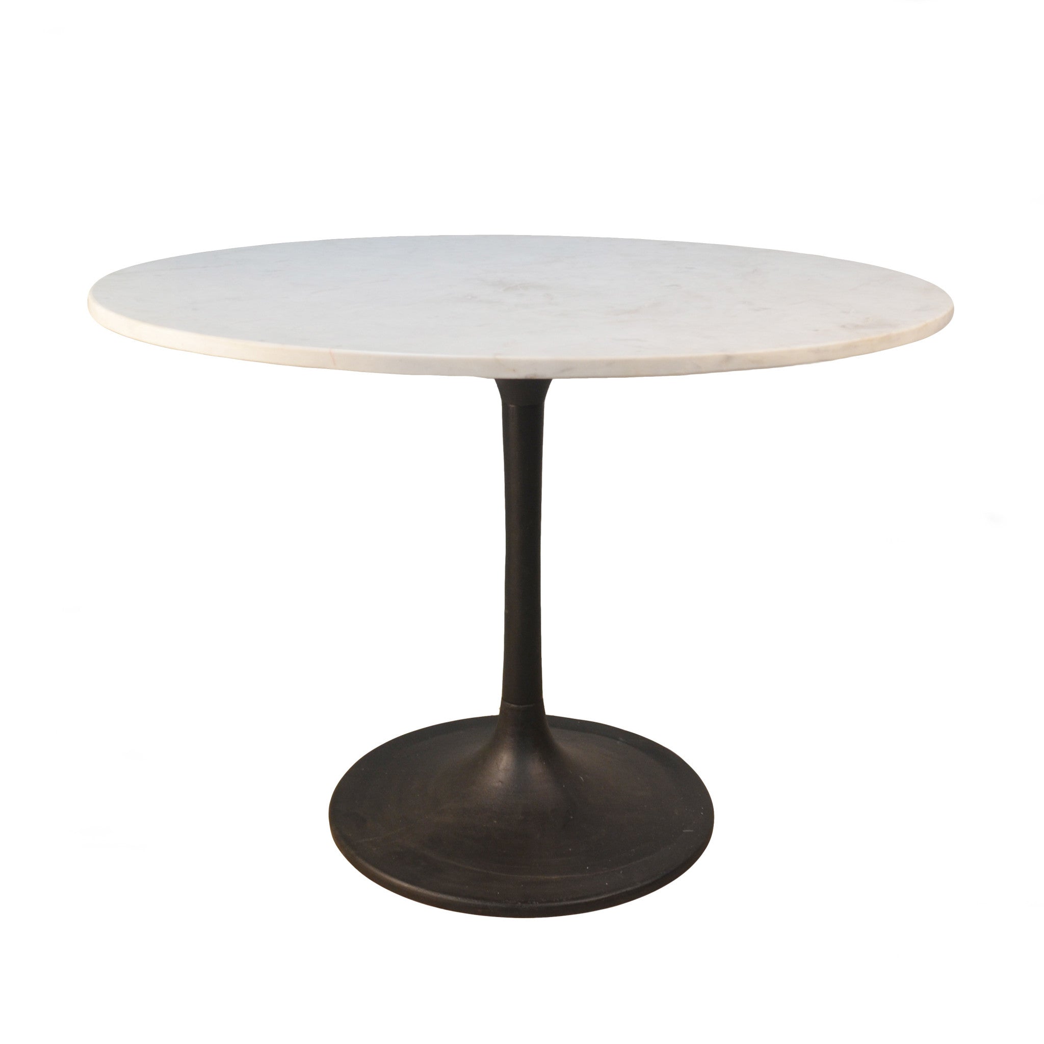 40" White And Black Rounded Marble And Iron Pedestal Base Dining Table