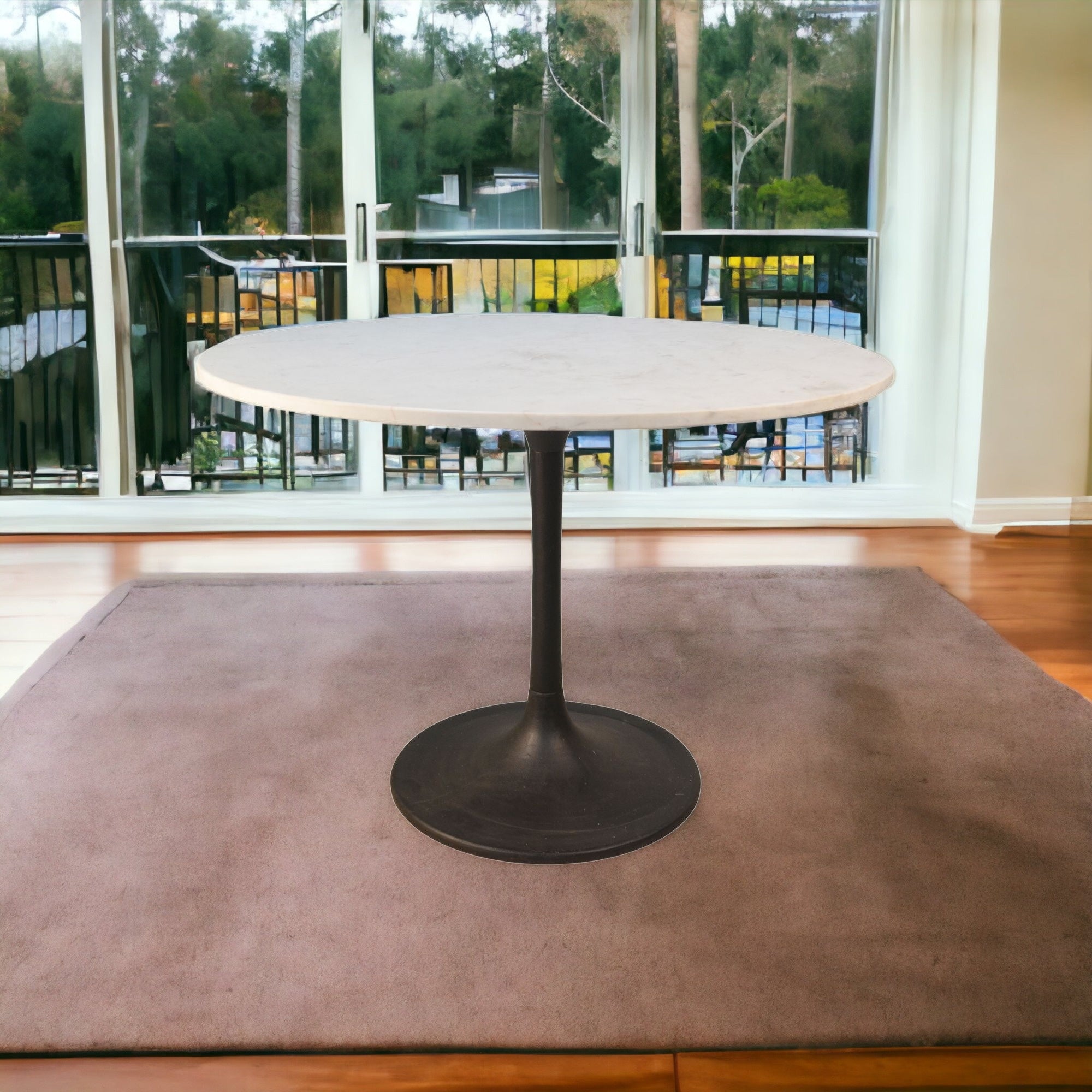 40" White And Black Rounded Marble And Iron Pedestal Base Dining Table