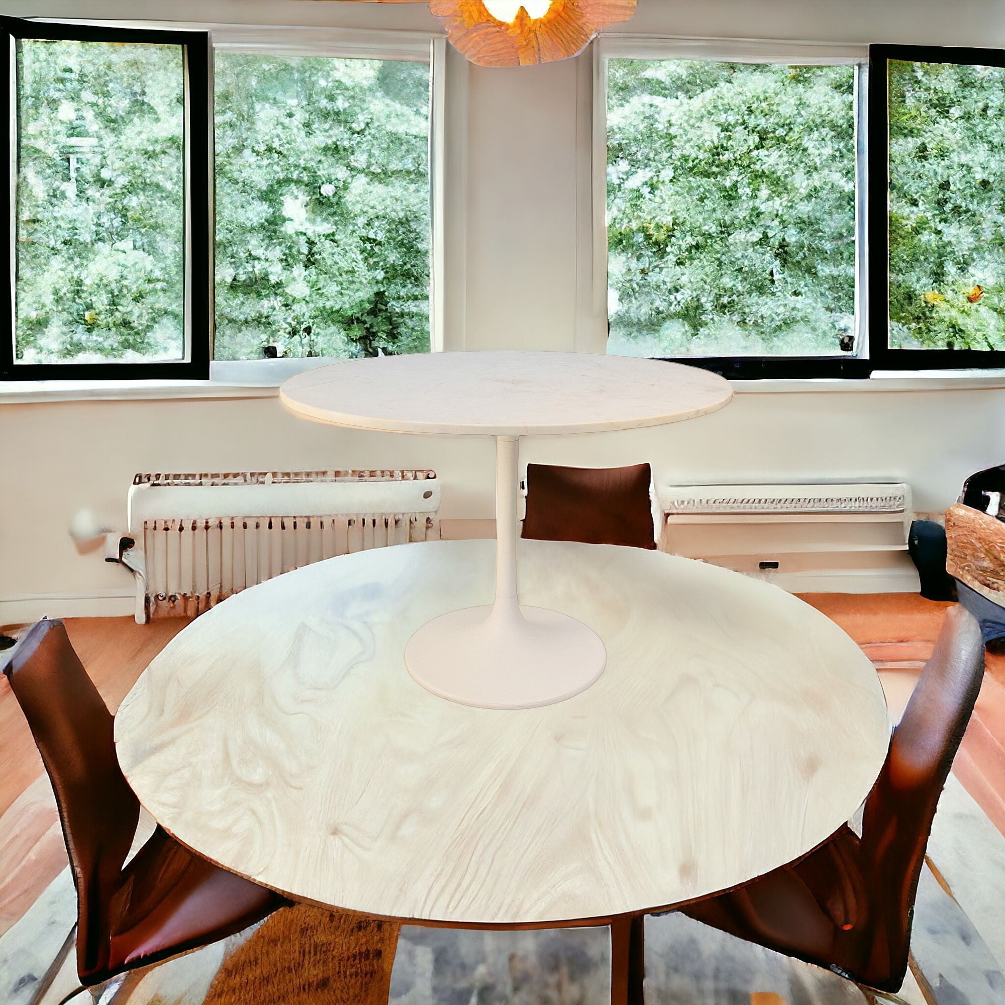 40" White Rounded Marble And Iron Pedestal Base Dining Table