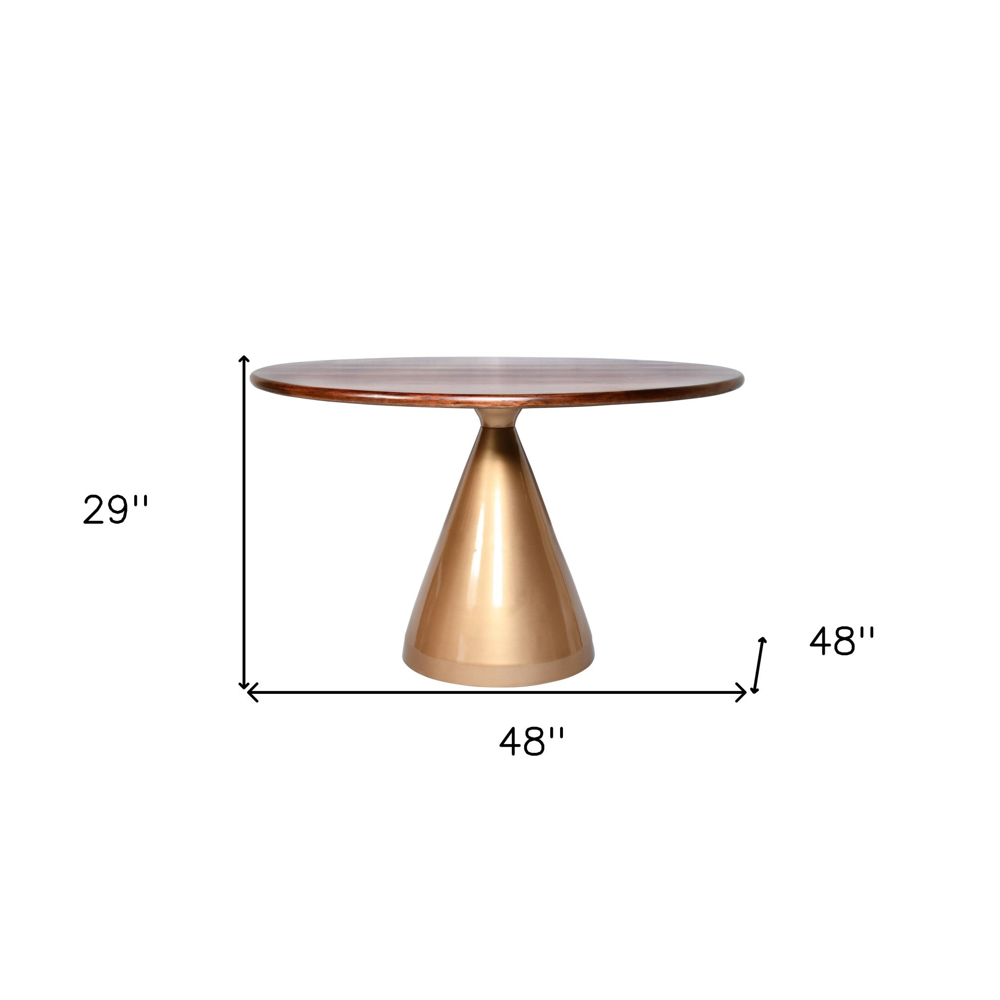 48" Walnut And Rose Gold Solid Wood And Iron Pedestal Base Round Top Dining Table