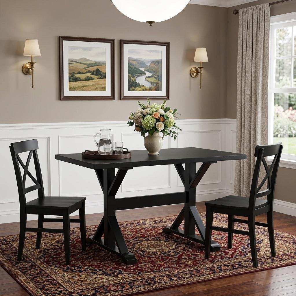48" Black Solid Wood Trestle Base Dining Table