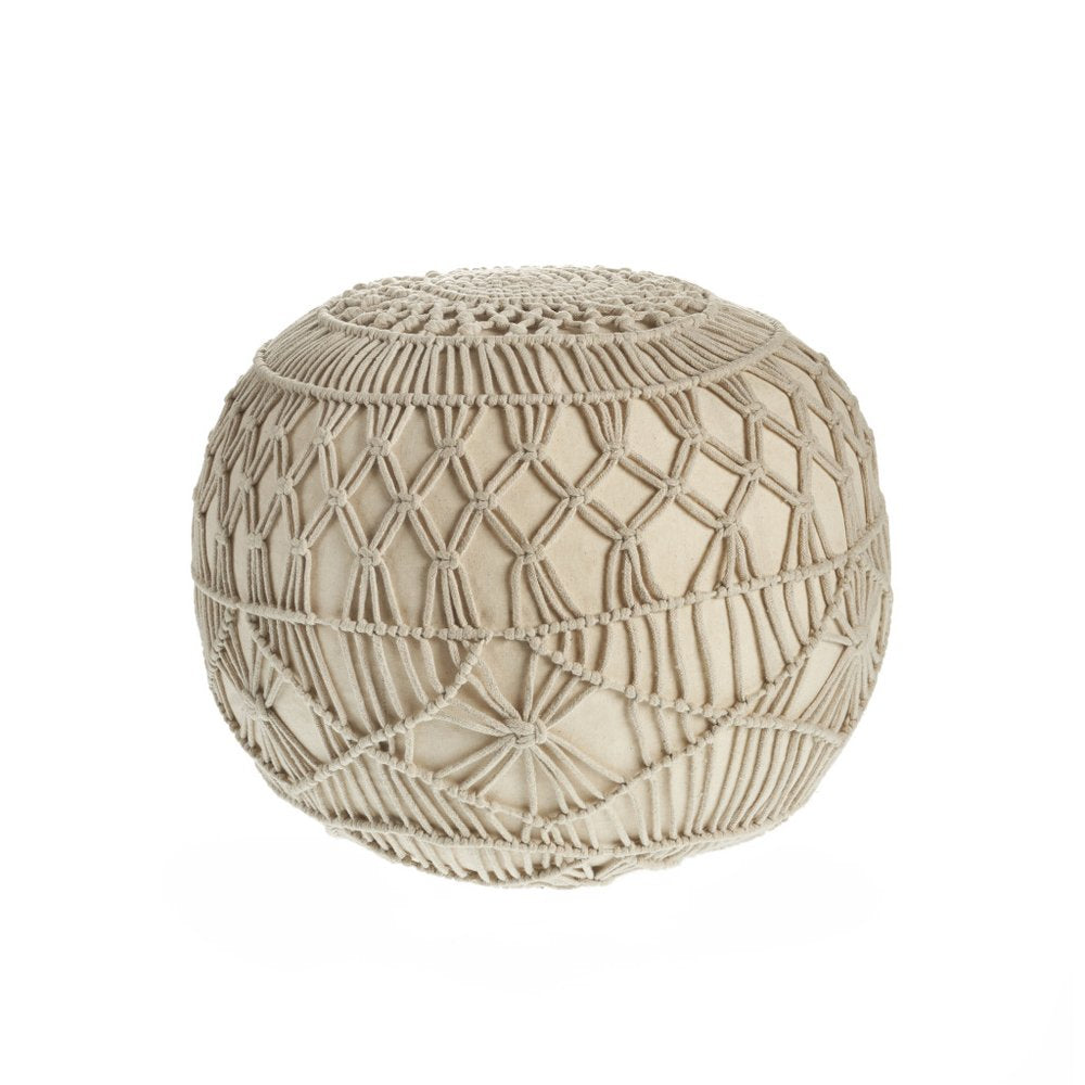 20" Cream Cotton Tufted Round Geometric Pouf Ottoman