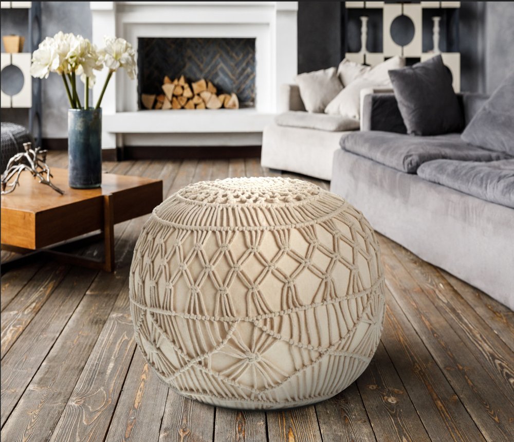 20" Cream Cotton Tufted Round Geometric Pouf Ottoman