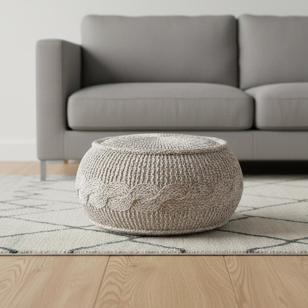 20" Beige Cotton Round Geometric Pouf Ottoman