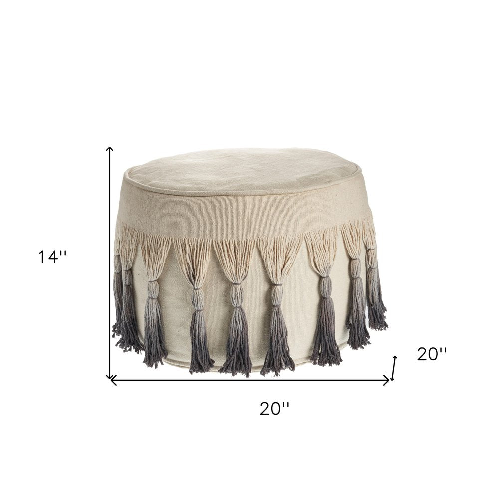 20" Beige Cotton Round Ombre Pouf Ottoman