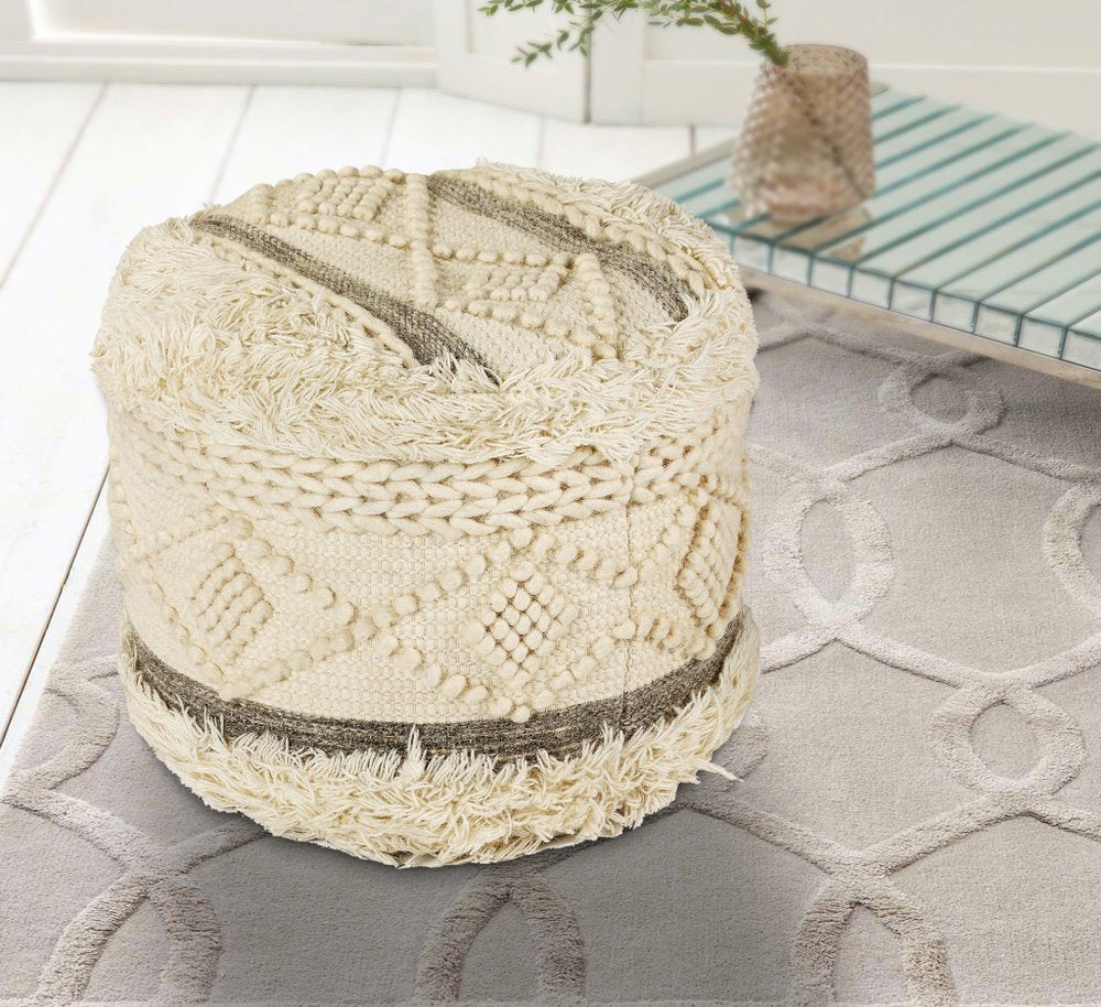 18" Cream Wool Cotton Blend Round Geometric Pouf Ottoman