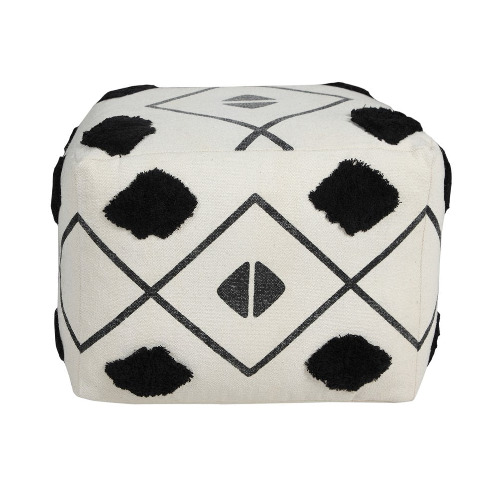 18" White Cotton Geometric Pouf Ottoman