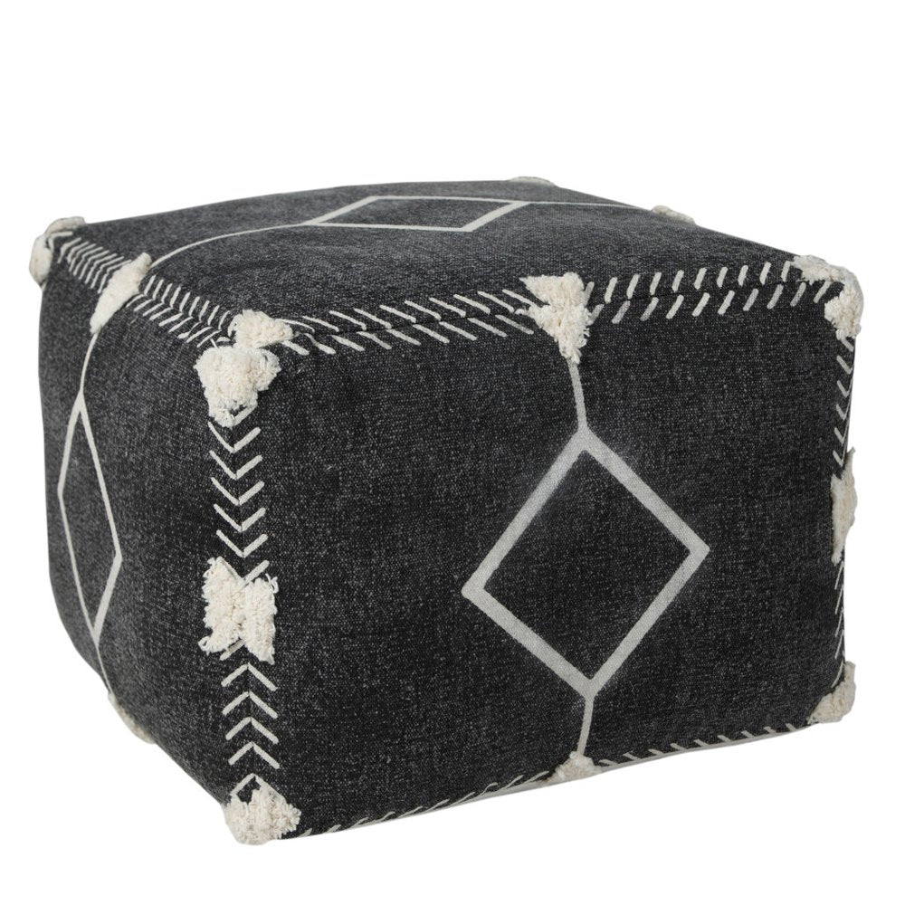 18" Black Cotton Geometric Pouf Ottoman