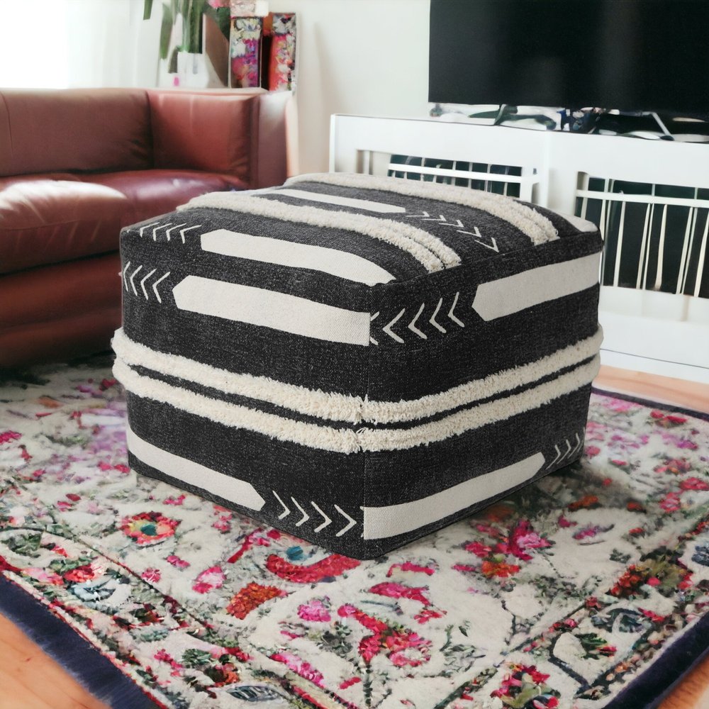 18" Black Cotton Geometric Pouf Ottoman