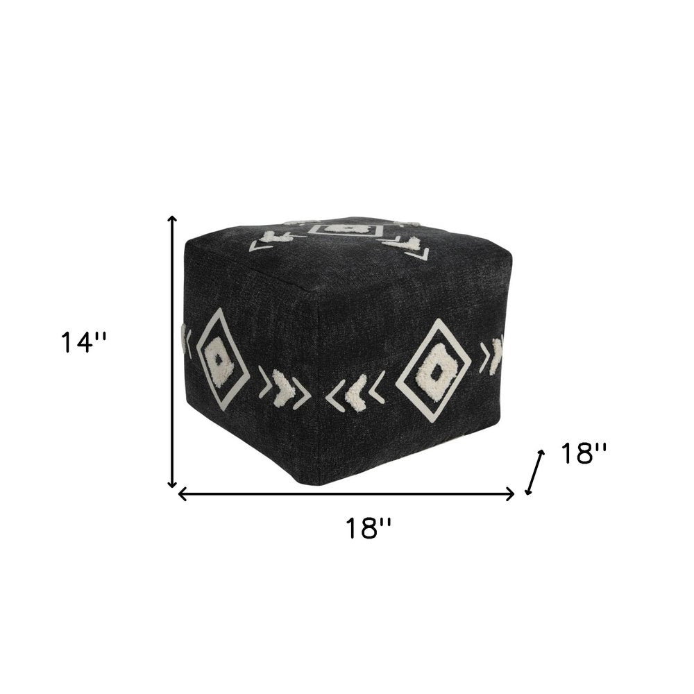 18" Black Cotton Geometric Pouf Ottoman