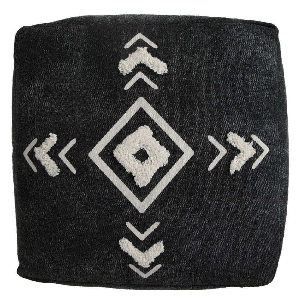18" Black Cotton Geometric Pouf Ottoman