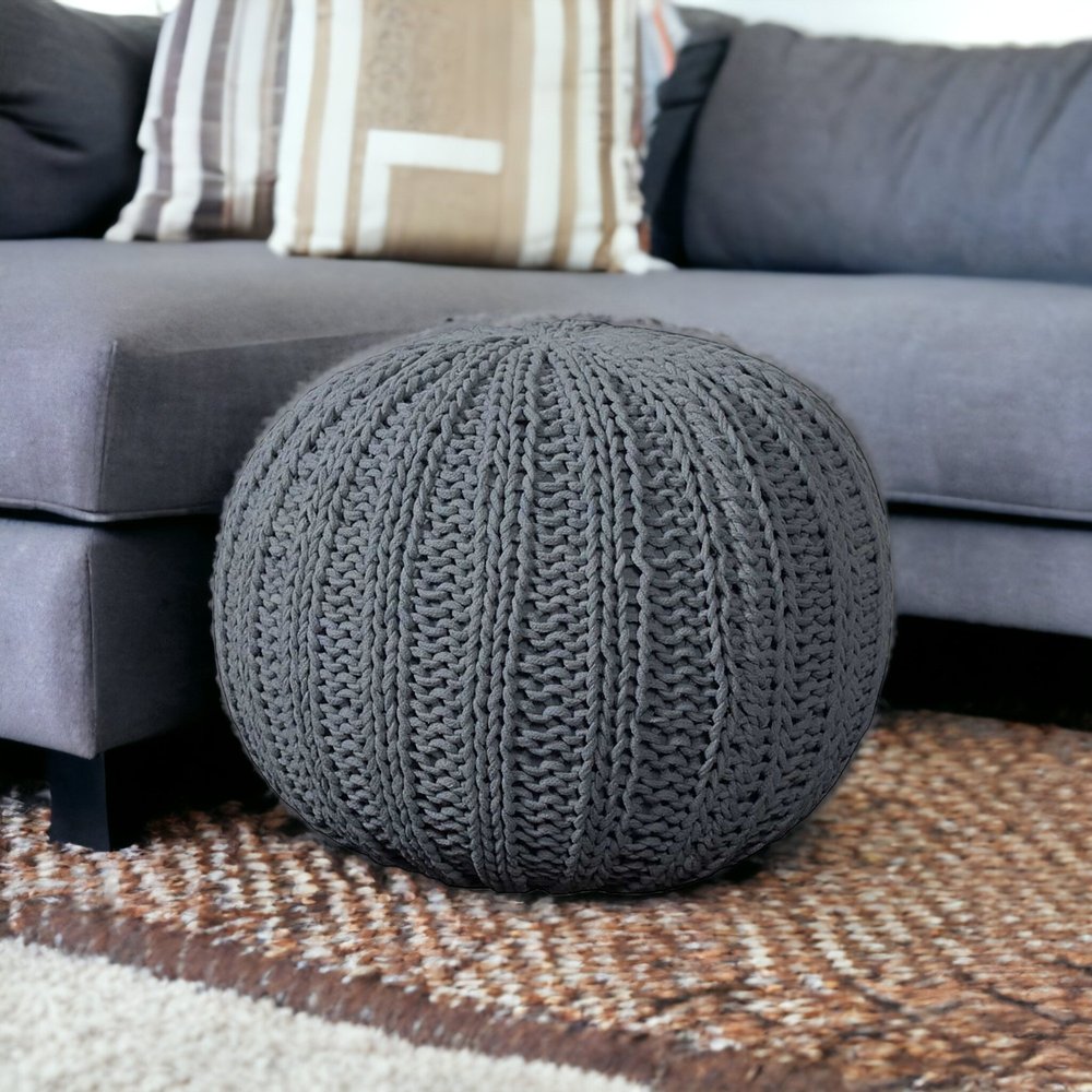 20" Blue Cotton Round Pouf Ottoman