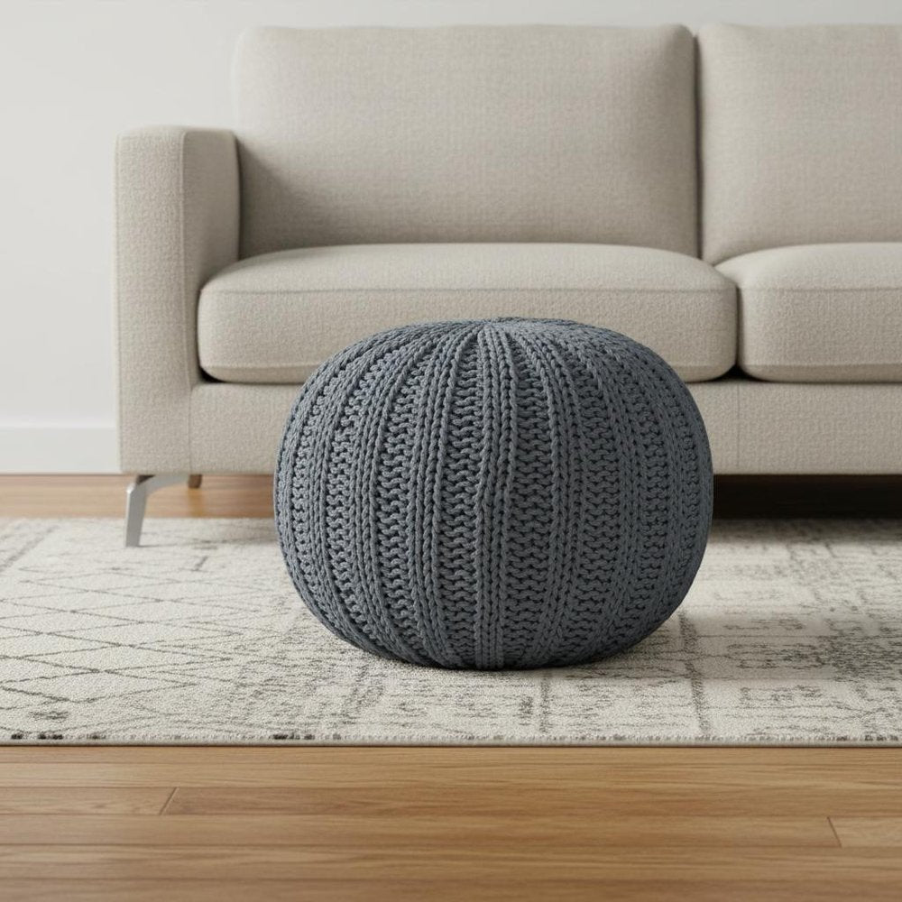 20" Black Cotton Round Pouf Ottoman