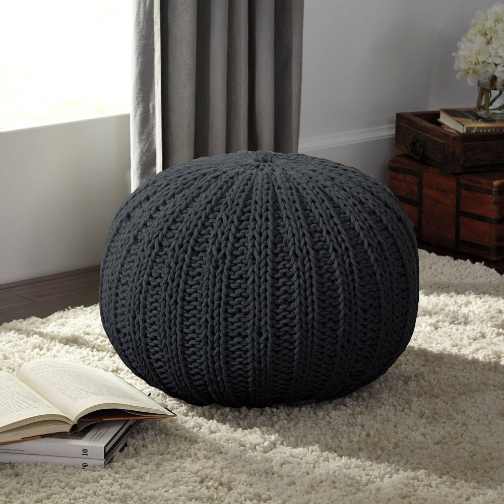 20" Blue Cotton Round Pouf Ottoman