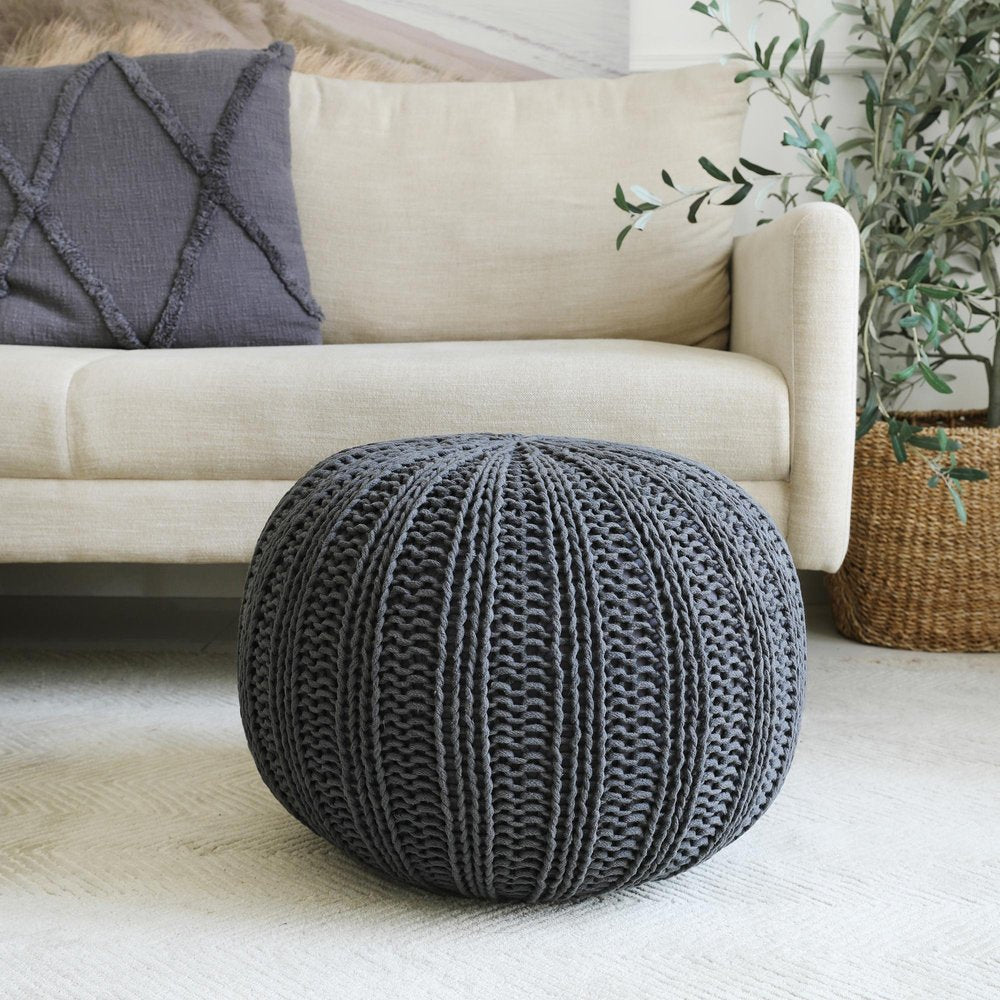 20" Gray Cotton Round Pouf Ottoman