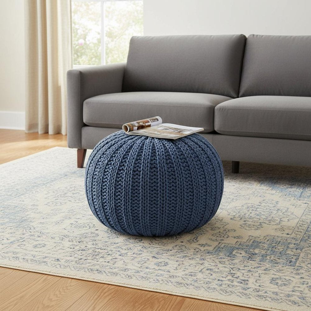 20" Gray Cotton Round Pouf Ottoman