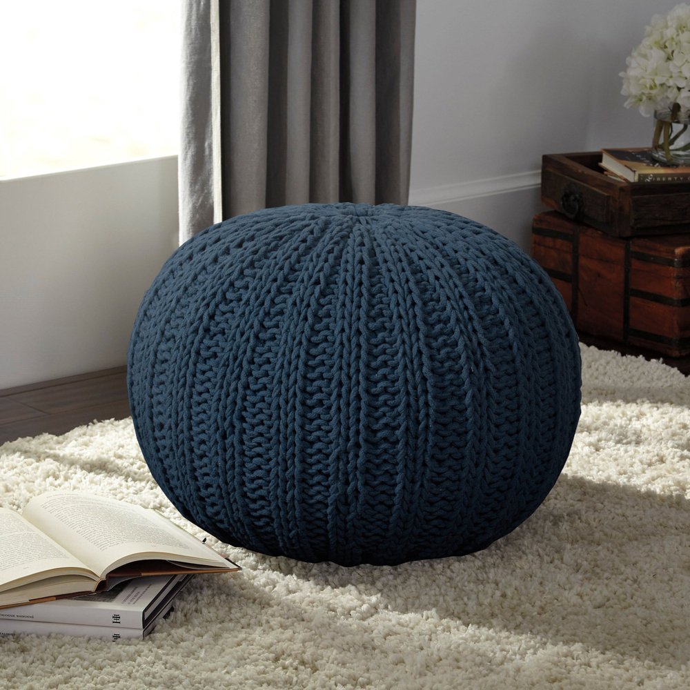 20" Black Cotton Round Pouf Ottoman