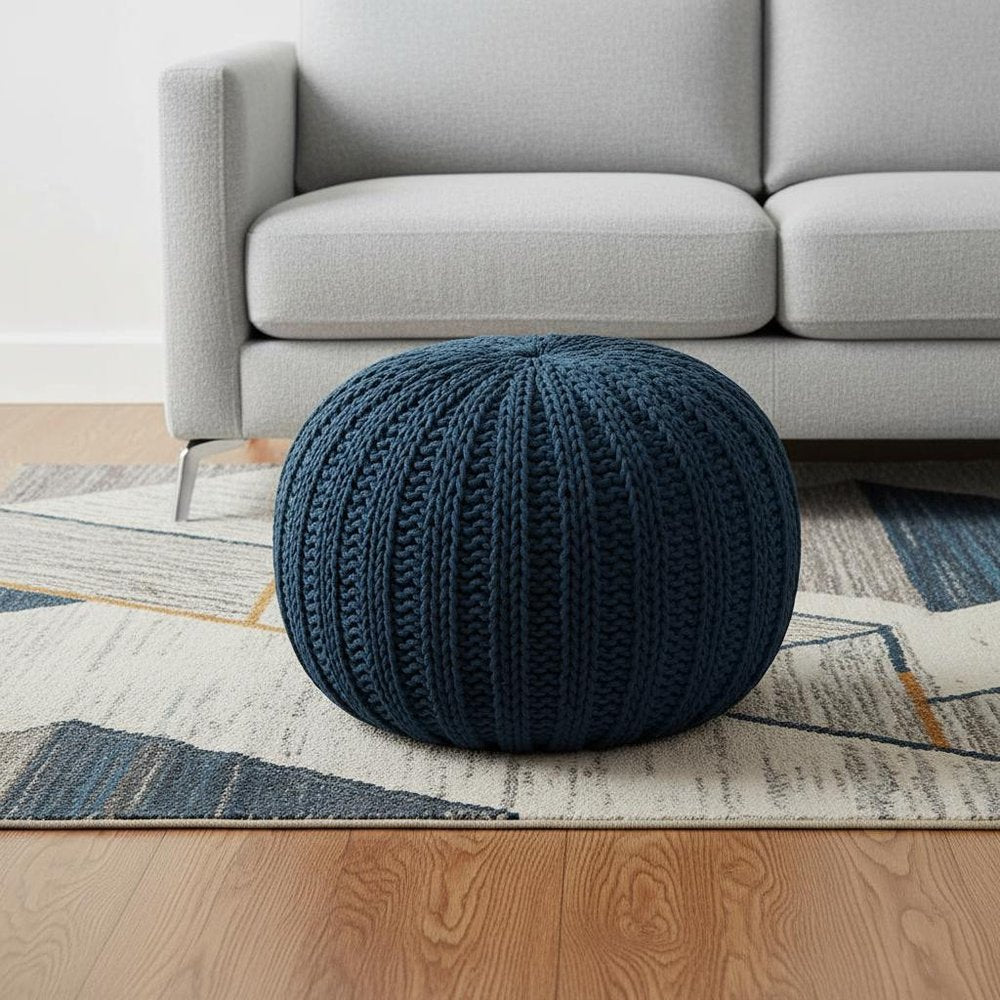 20" Black Cotton Round Pouf Ottoman