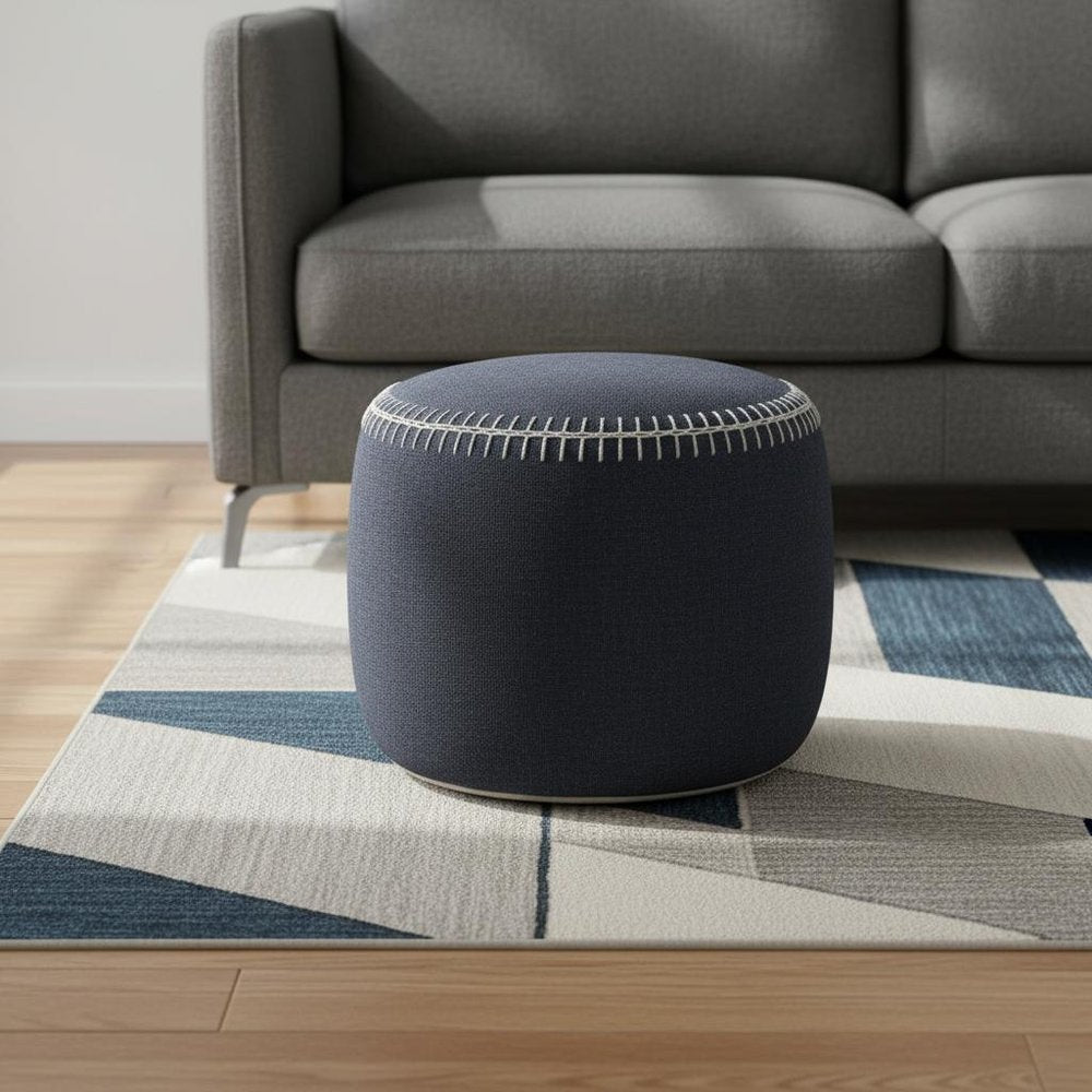 18" Blue Cotton Cylinder Striped Pouf Ottoman