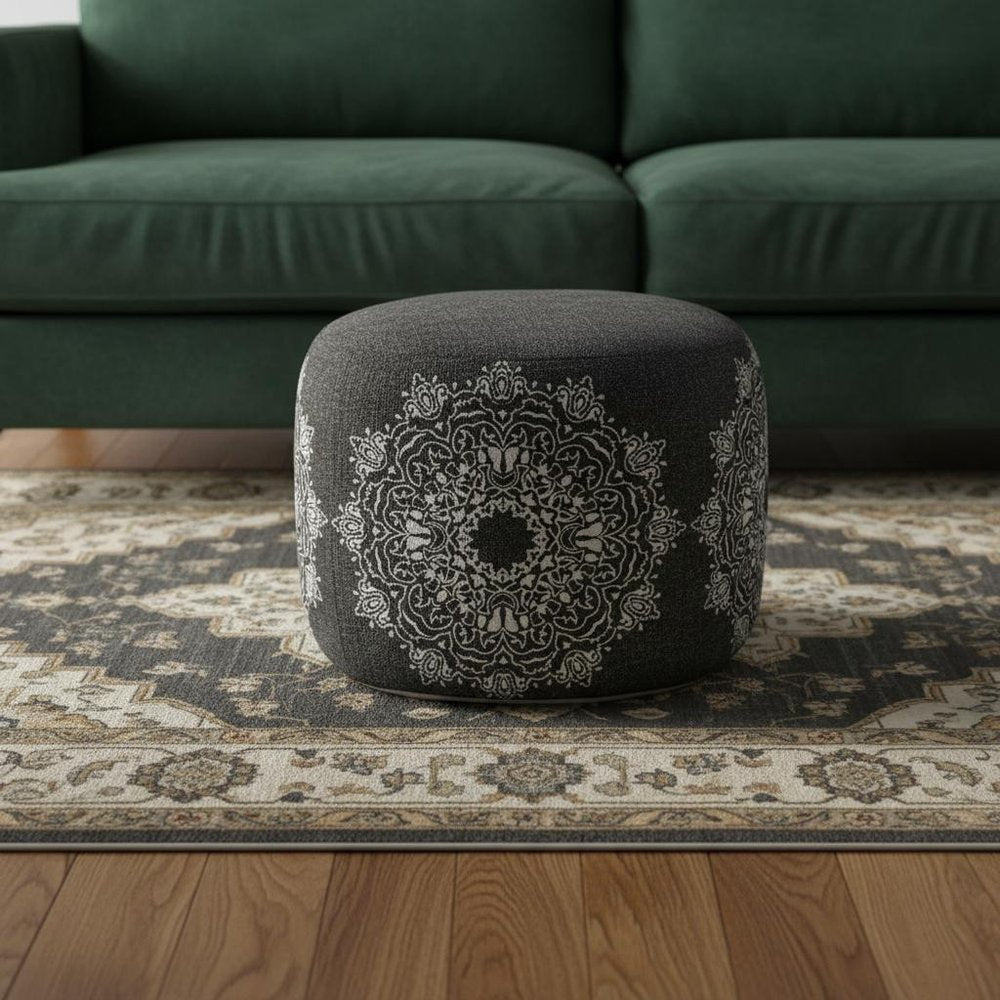 18" Black Cotton Cylinder Medallion Pouf Ottoman