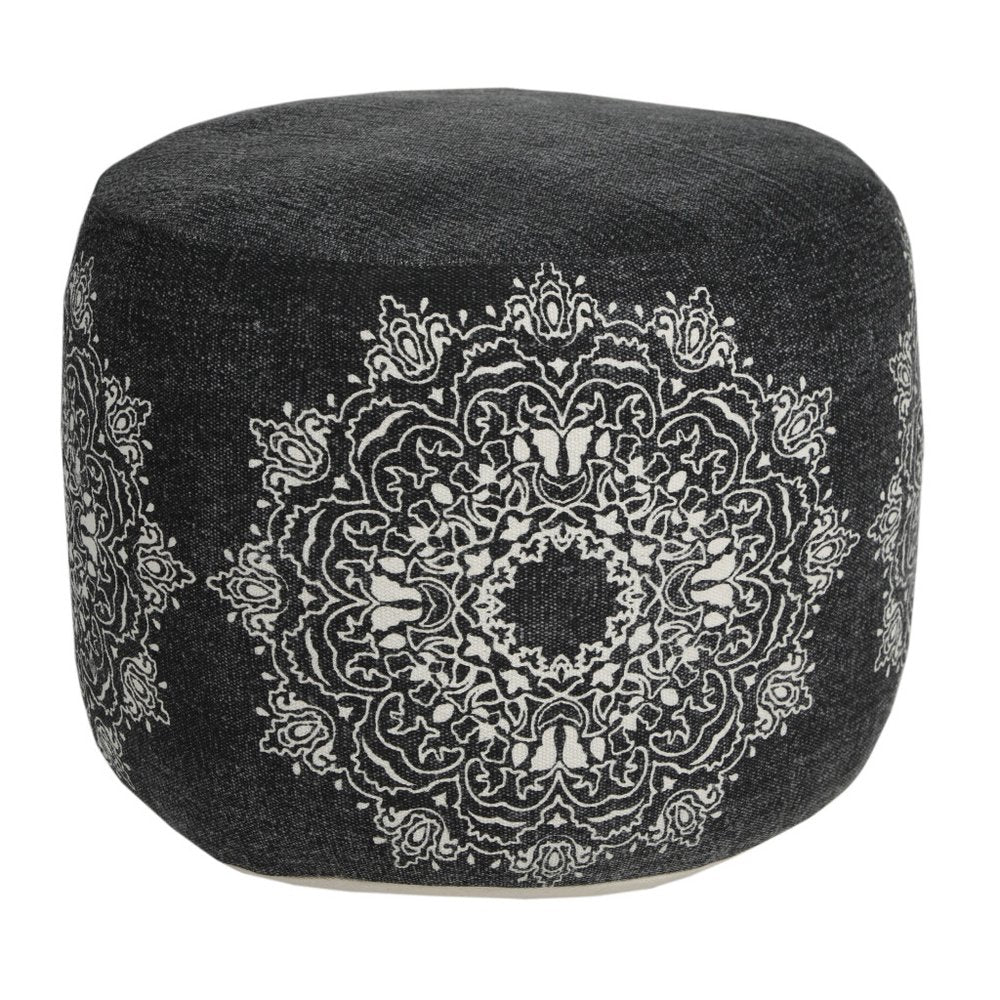 18" Black Cotton Cylinder Medallion Pouf Ottoman