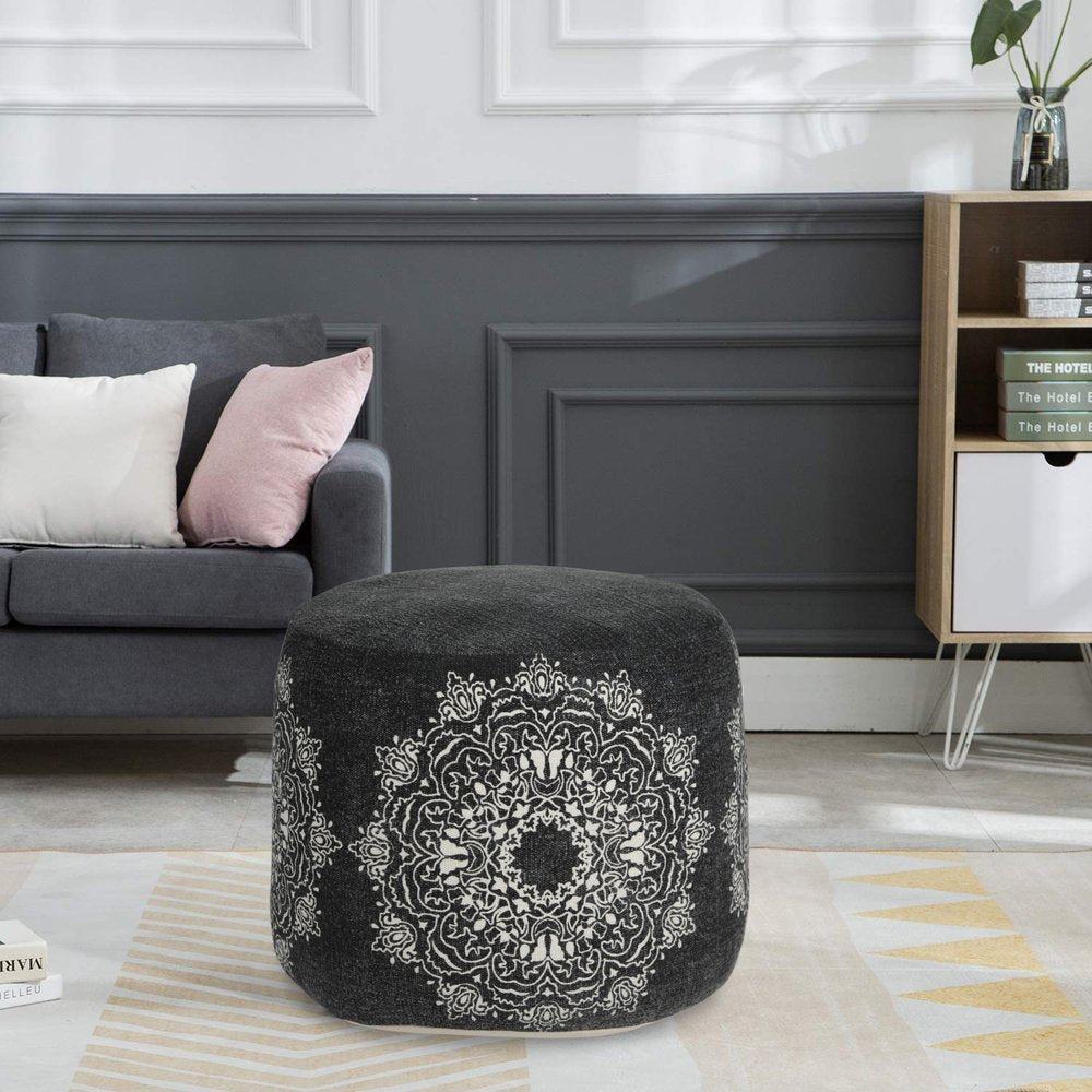 18" Black Cotton Cylinder Medallion Pouf Ottoman