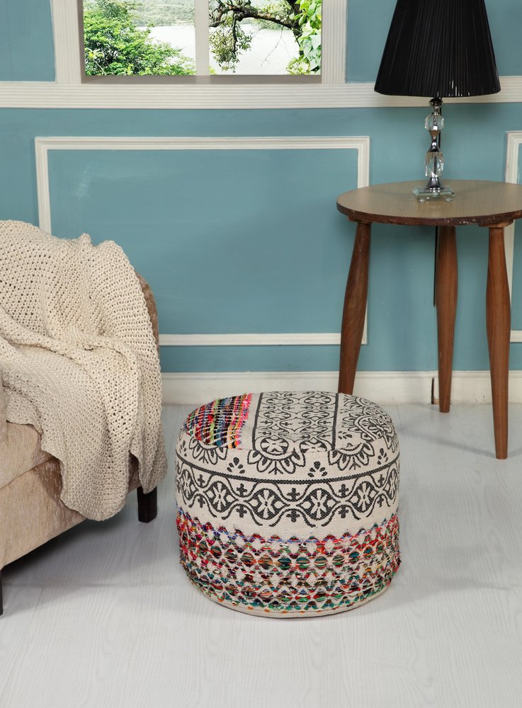 18" Rainbow And Gray Cylinder Geometric Pouf Ottoman
