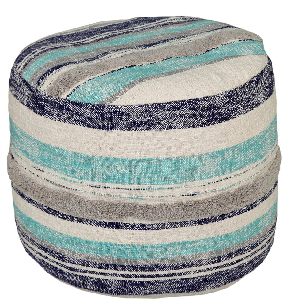 18" Blue Cotton Cylinder Striped Pouf Ottoman