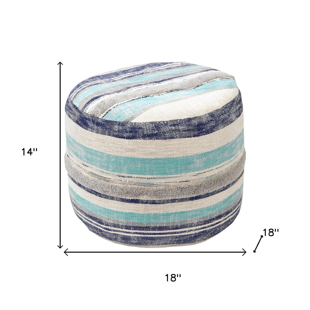 18" Blue Cotton Cylinder Striped Pouf Ottoman