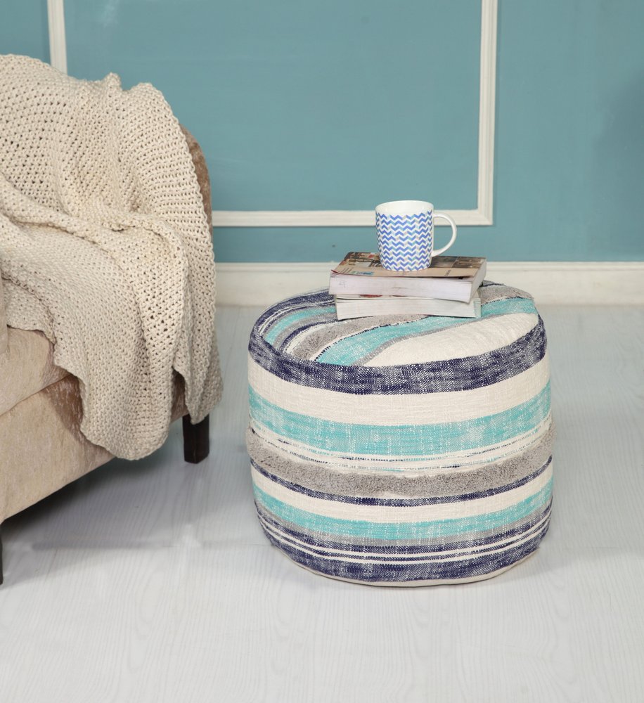 18" Blue Cotton Cylinder Striped Pouf Ottoman