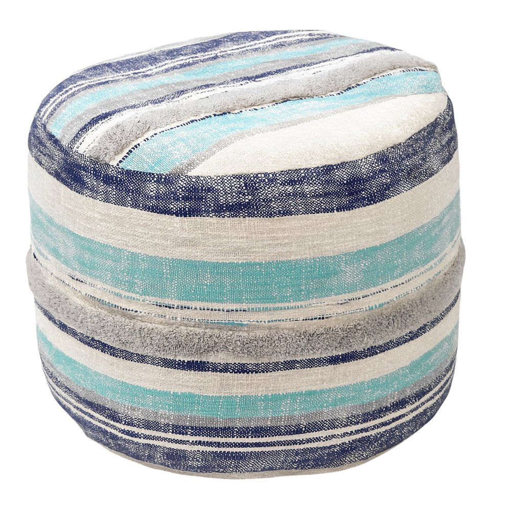 18" Blue Cotton Cylinder Striped Pouf Ottoman