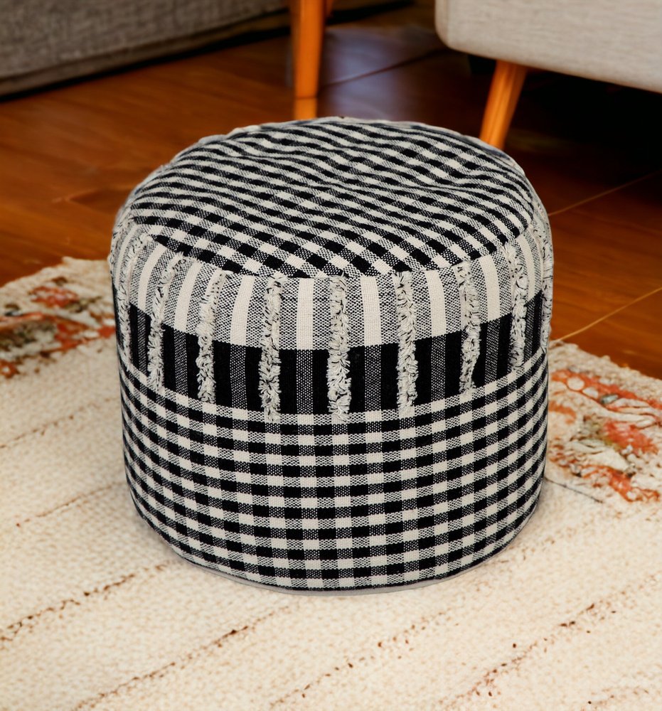 18" Black Cotton Cylinder Plaid Pouf Ottoman