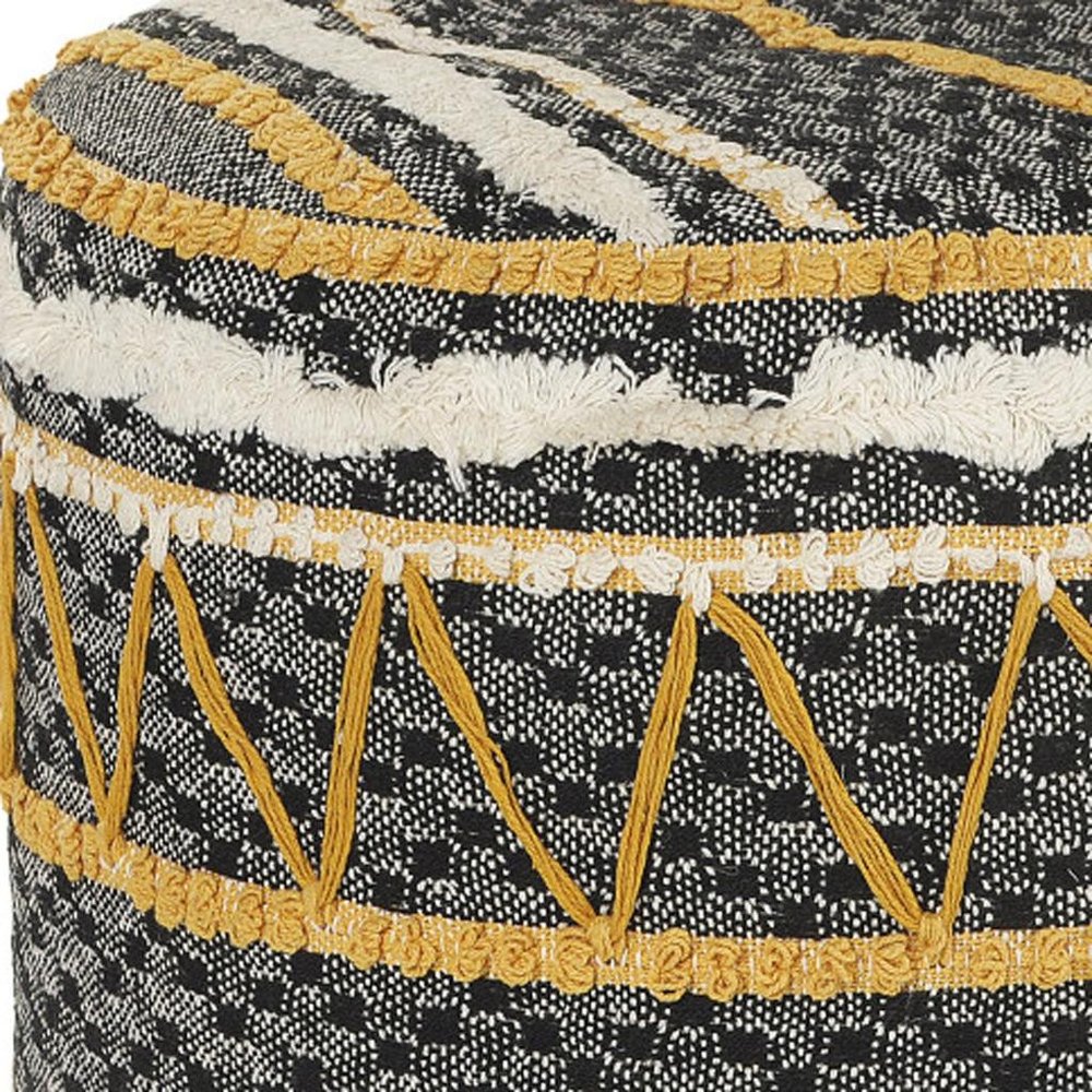 18" Black Cotton Cylinder Striped Pouf Ottoman