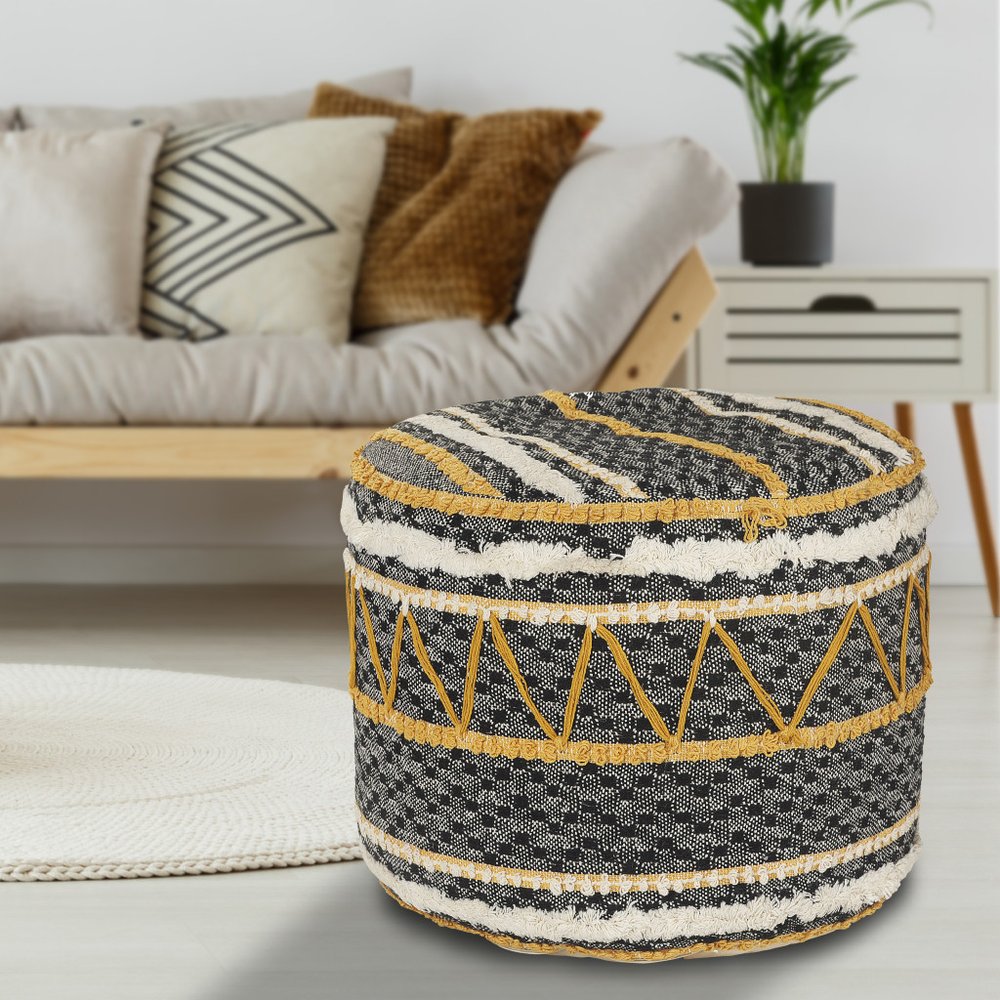 18" Black Cotton Cylinder Striped Pouf Ottoman