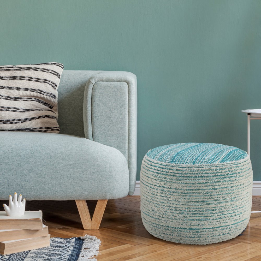 18" Blue Fabric Cylinder Striped Pouf Ottoman