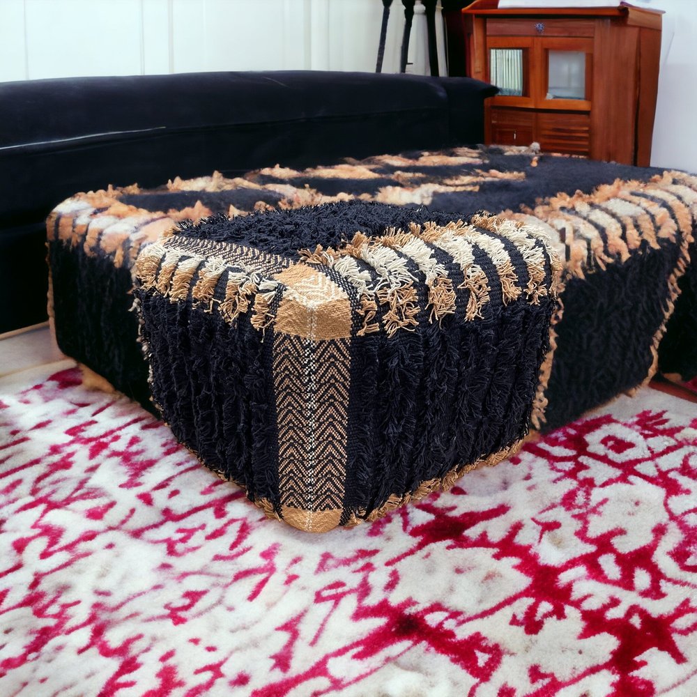 18" Blue Cotton Geometric Pouf Ottoman