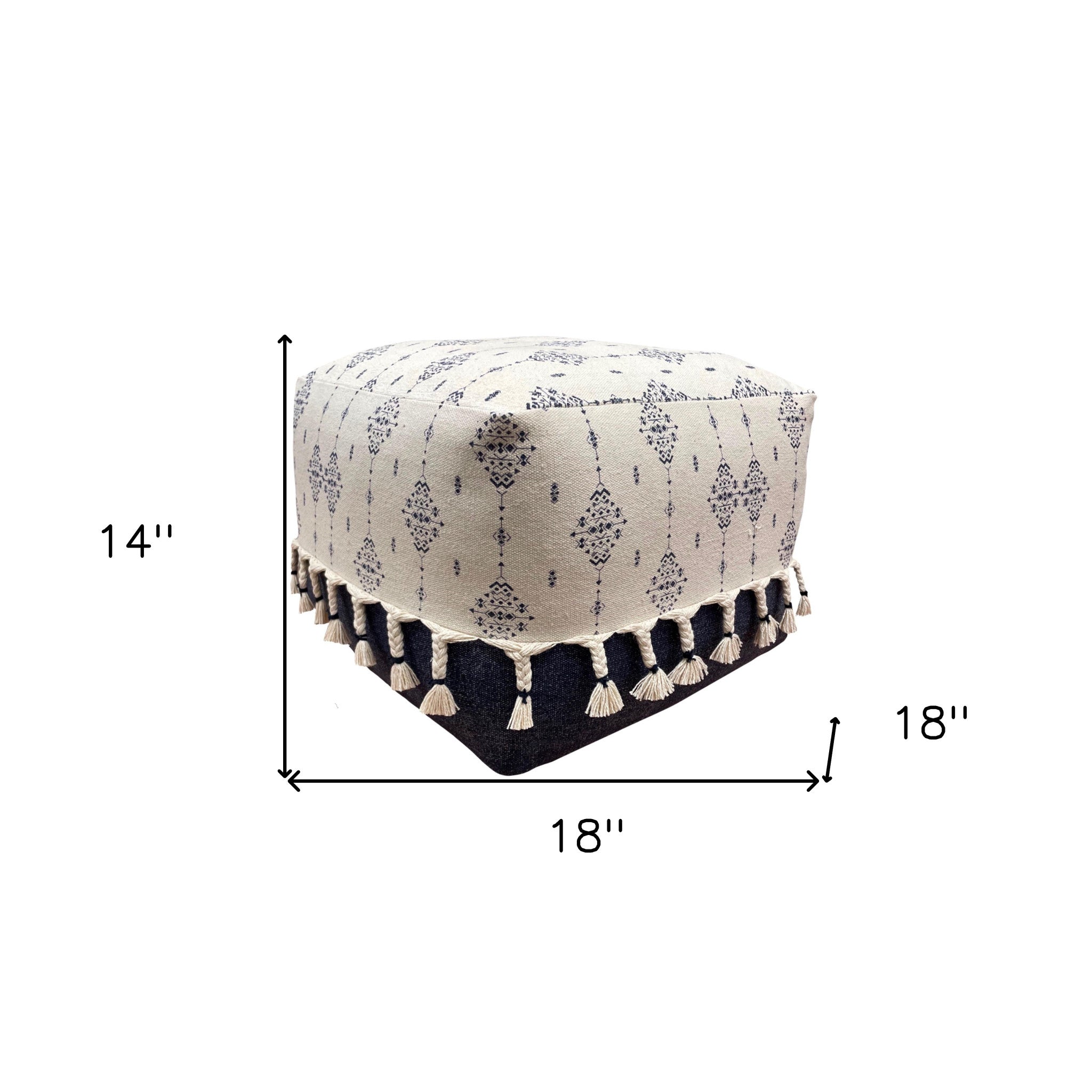 18" Natural and Navy Blue Cotton Medallion Pouf Ottoman