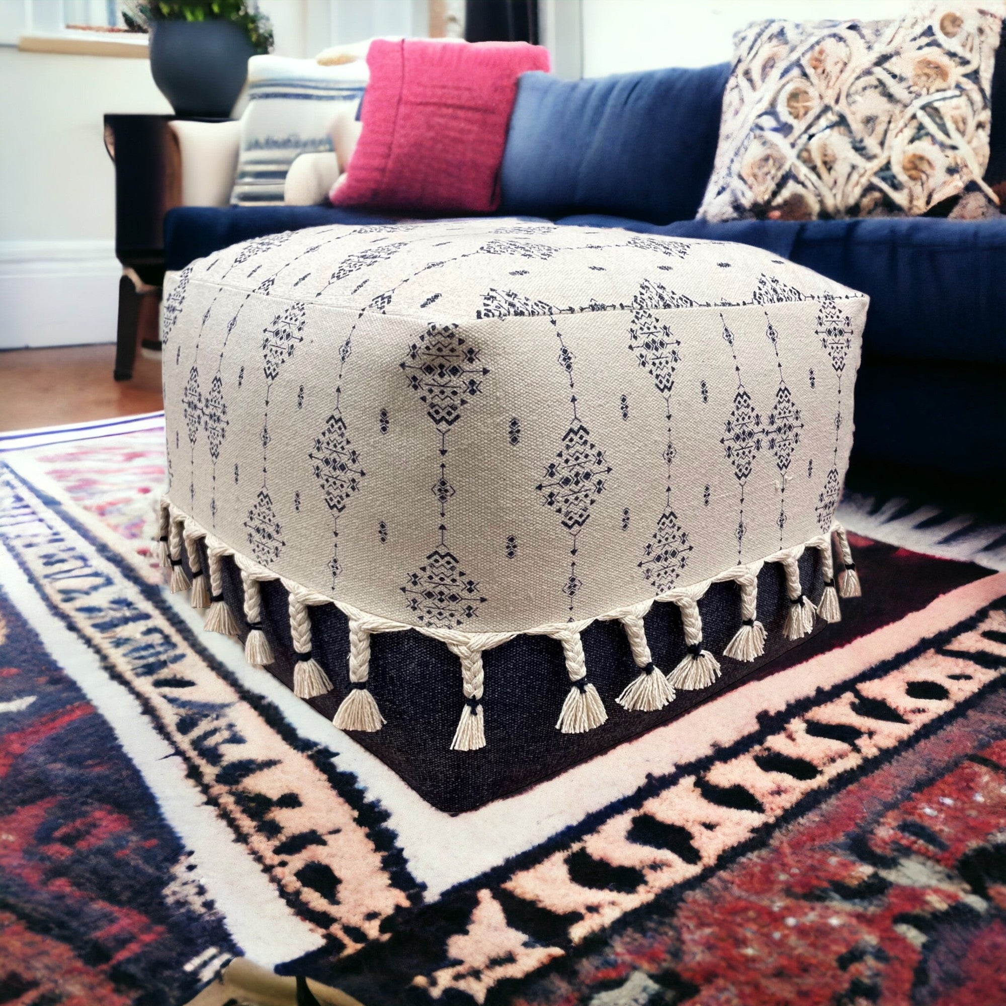 18" Natural and Navy Blue Cotton Medallion Pouf Ottoman