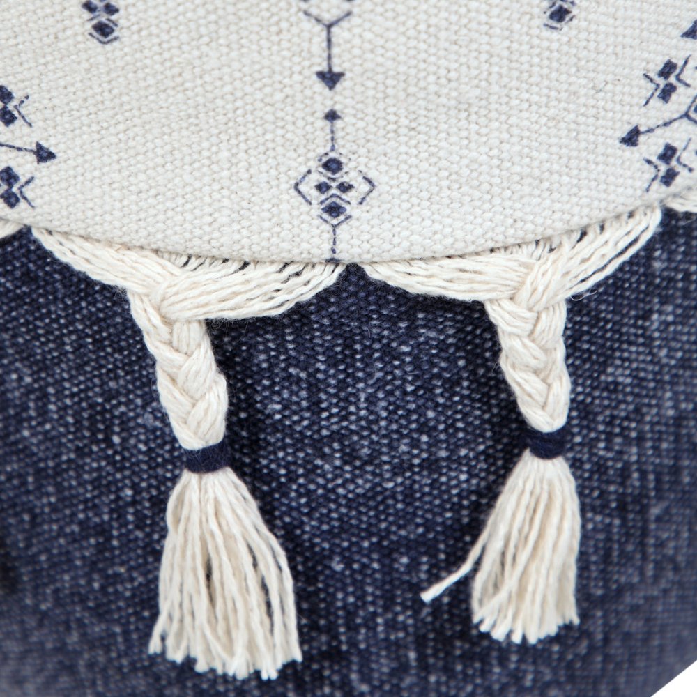 18" Natural And Navy Blue Cotton Medallion Pouf Ottoman